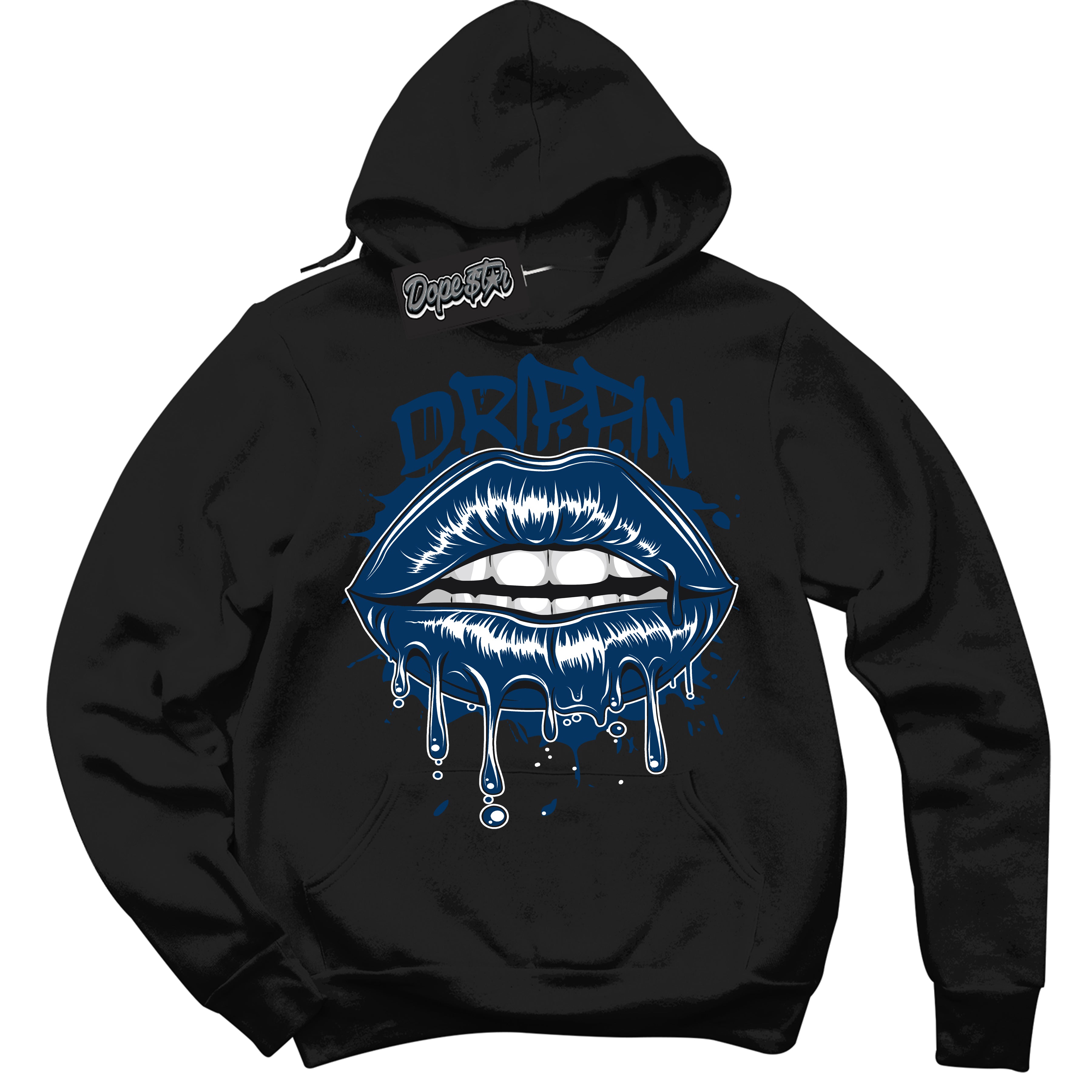 Cool Black Hoodie with “Drippin” design that Perfectly Matches Midnight Navy 1s Jordans.