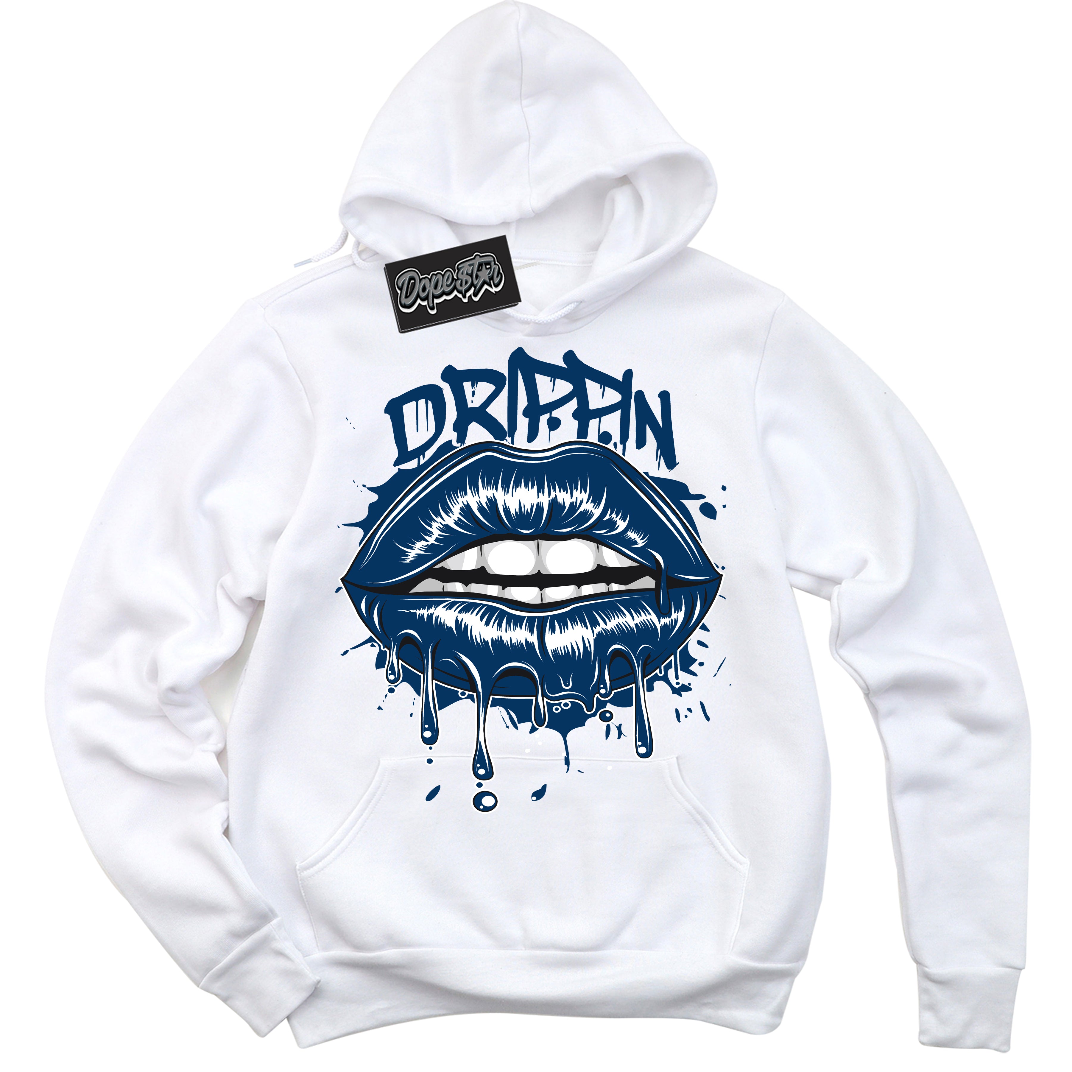 Cool White Hoodie with “Drippin” design that Perfectly Matches Midnight Navy 1s Jordans.