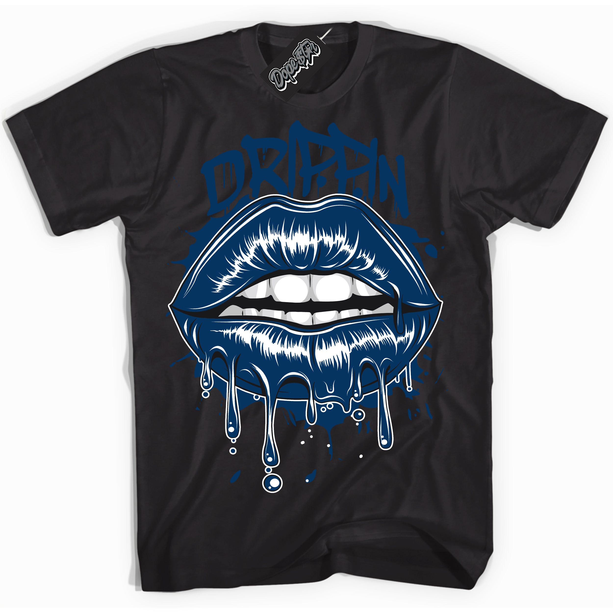 Cool Black Shirt with “Drippin” design that perfectly matches the Midnight Navy 1s Jordans.