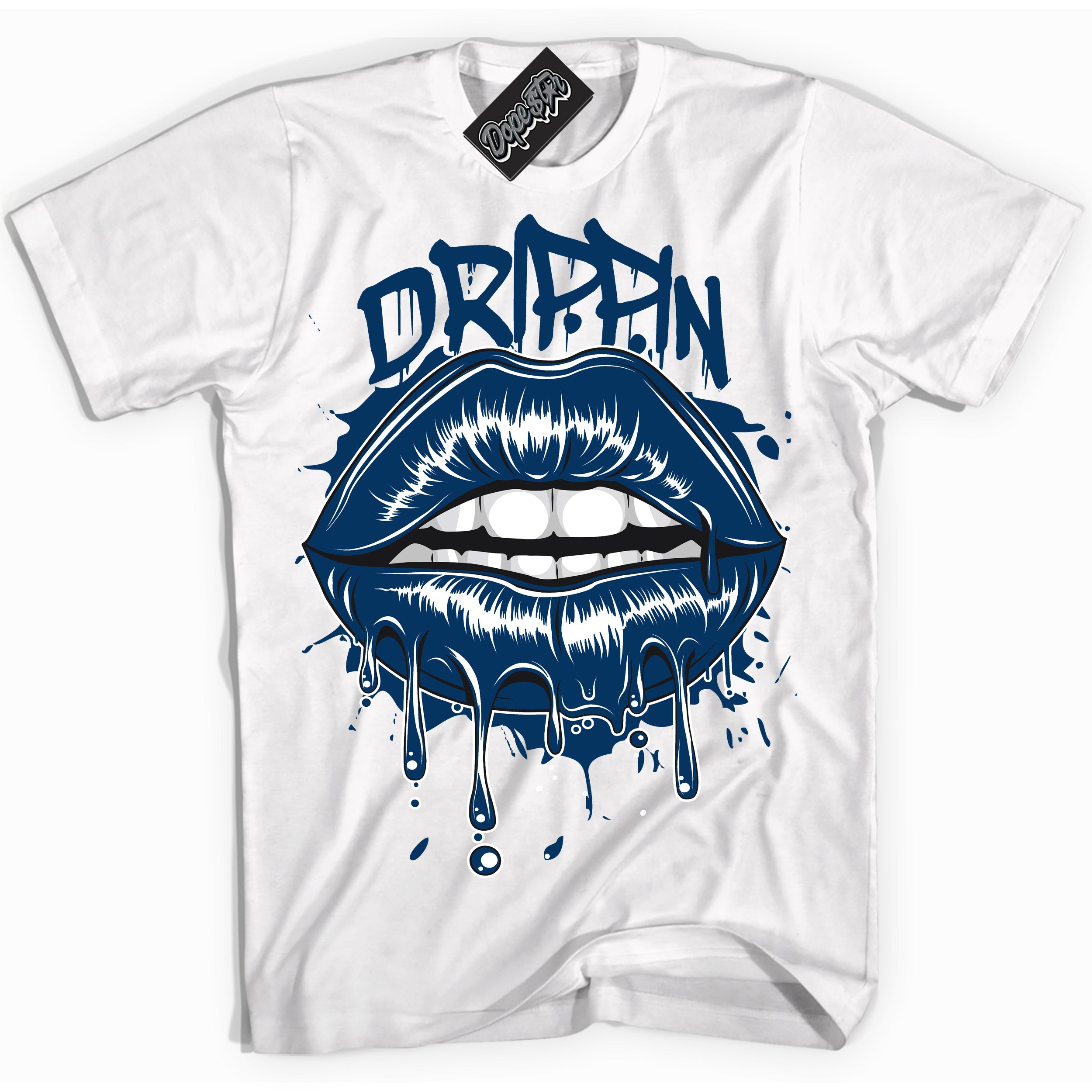 Cool White Shirt with “Drippin” design that perfectly matches the Midnight Navy 1s Jordans.