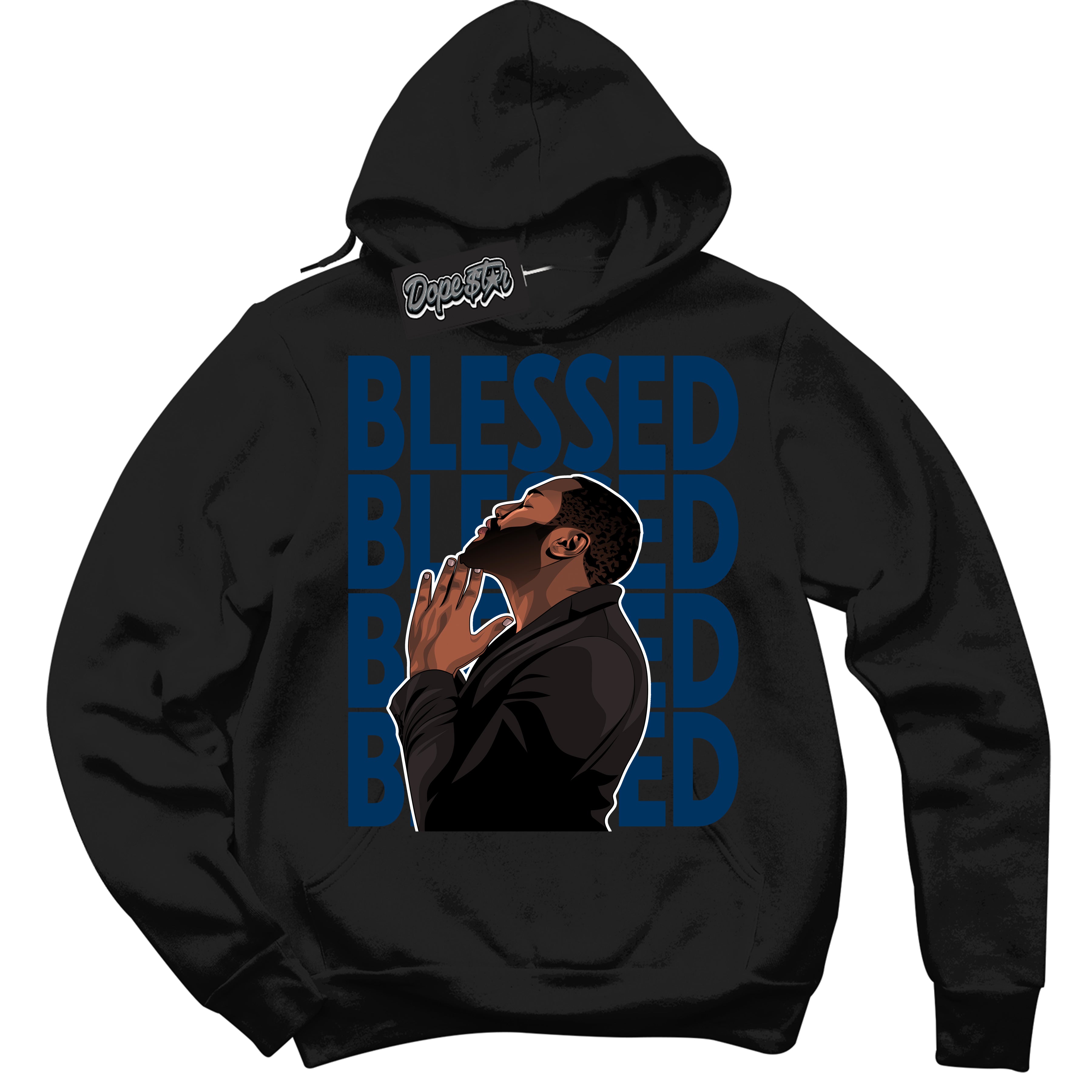 Cool Black Hoodie with “God Blessed” design that Perfectly Matches Midnight Navy 1s Jordans.