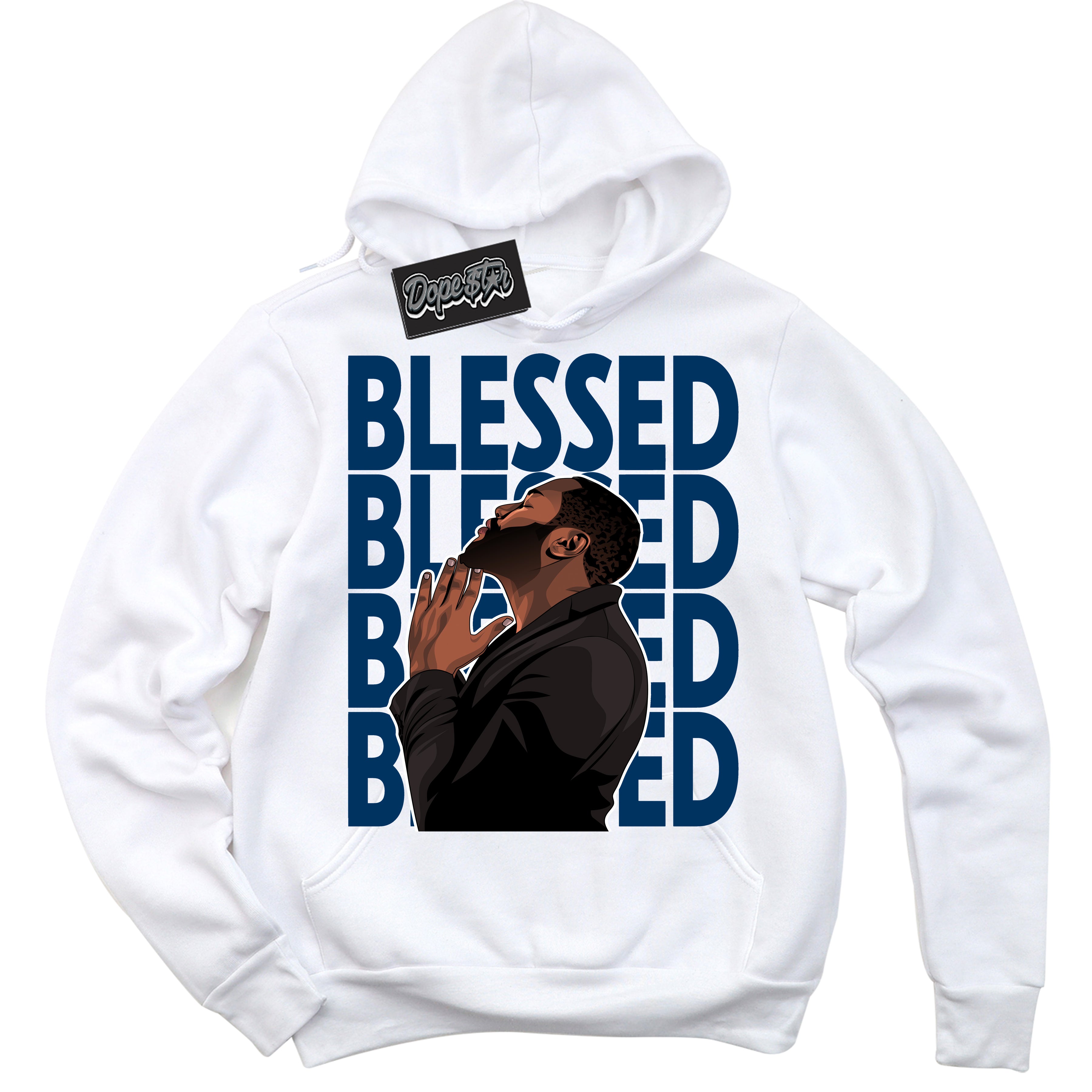 Cool White Hoodie with “God Blessed” design that Perfectly Matches Midnight Navy 1s Jordans.