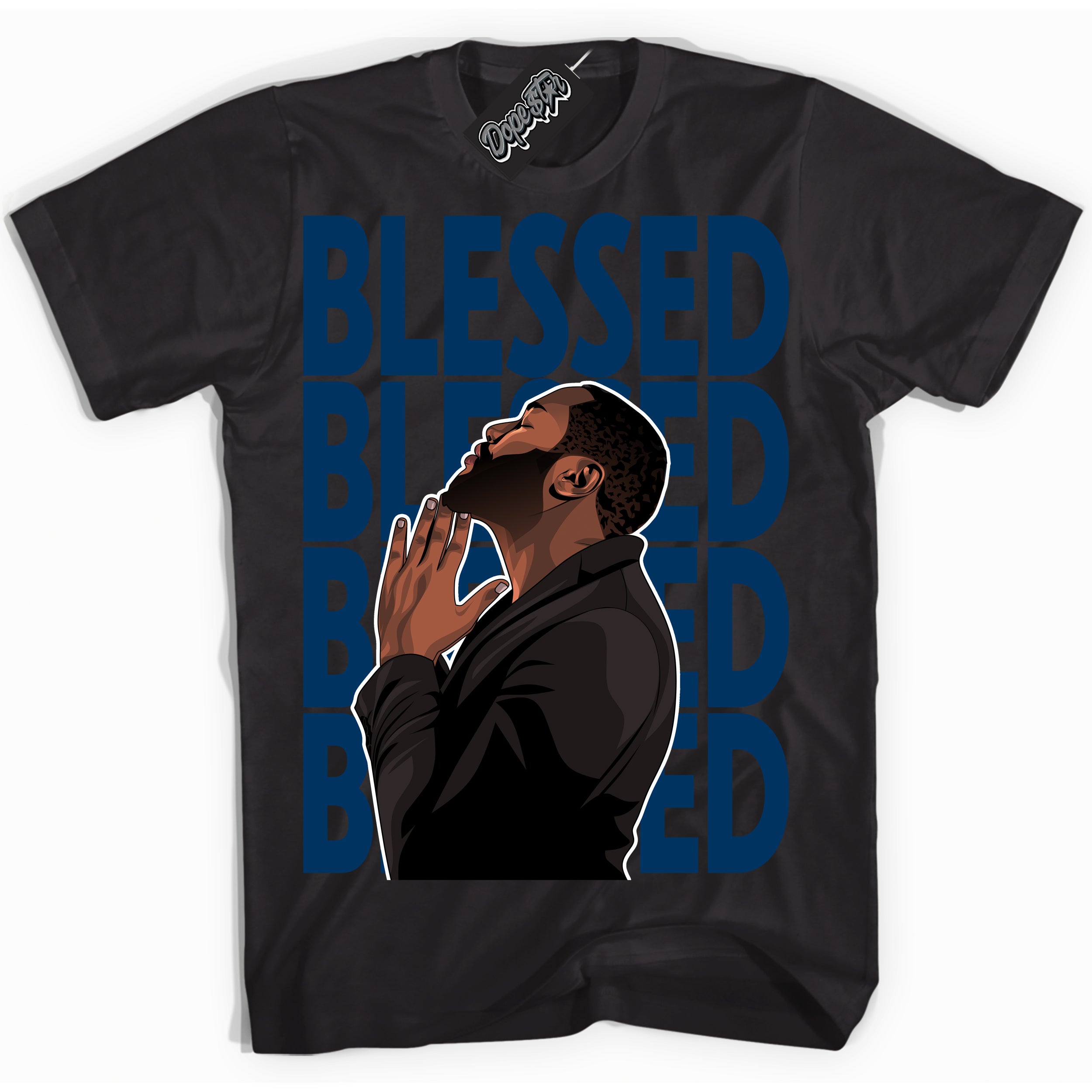 Cool Black Shirt with “God Blessed” design that perfectly matches the Midnight Navy 1s Jordans.