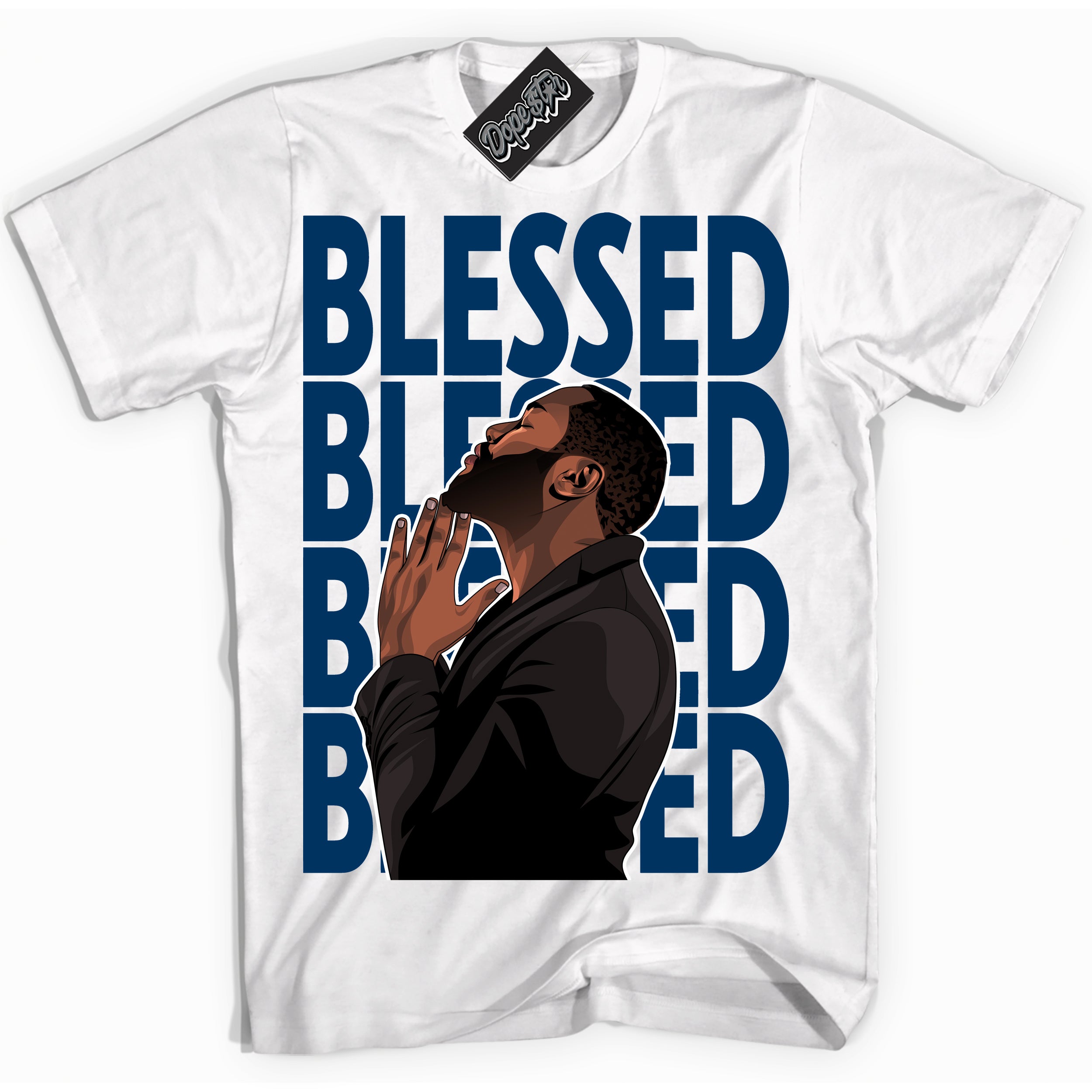 Cool White Shirt with “God Blessed” design that perfectly matches the Midnight Navy 1s Jordans.