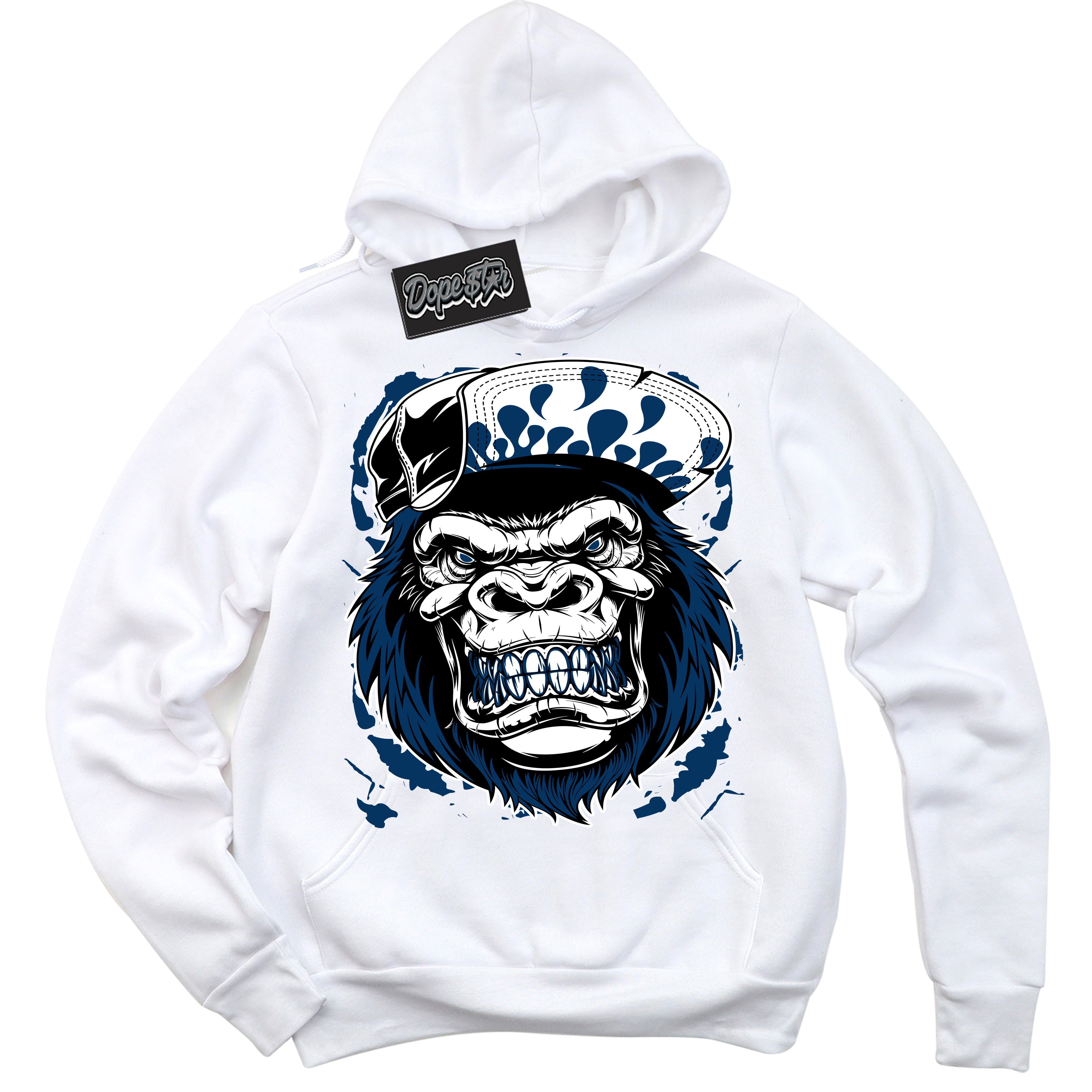 Cool White Hoodie with “Gorilla Beast” design that Perfectly Matches Midnight Navy 1s Jordans.