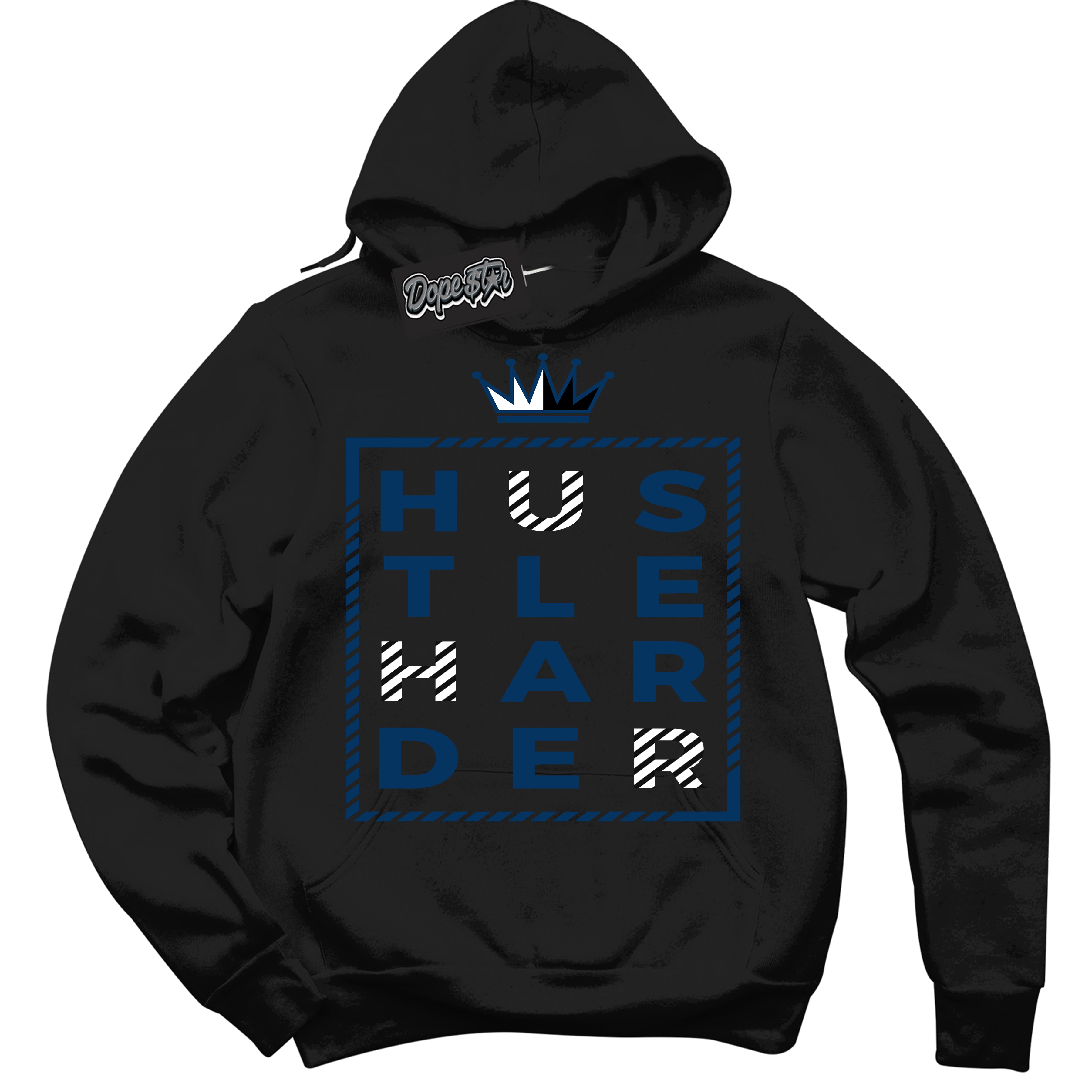 Cool Black Hoodie with “Hustle Harder” design that Perfectly Matches Midnight Navy 1s Jordans.