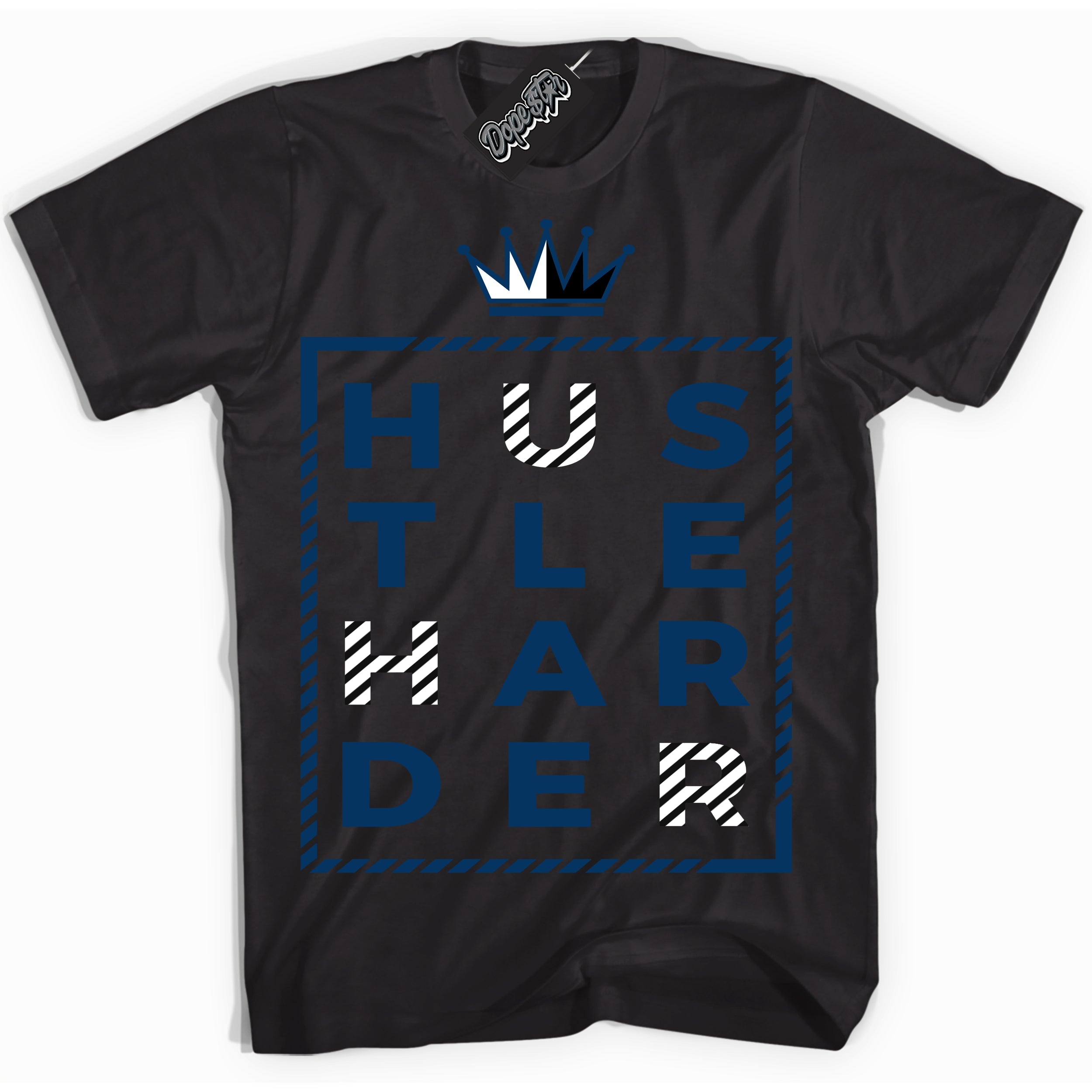 Cool Black Shirt with “Hustle Harder” design that perfectly matches the Midnight Navy 1s Jordans.