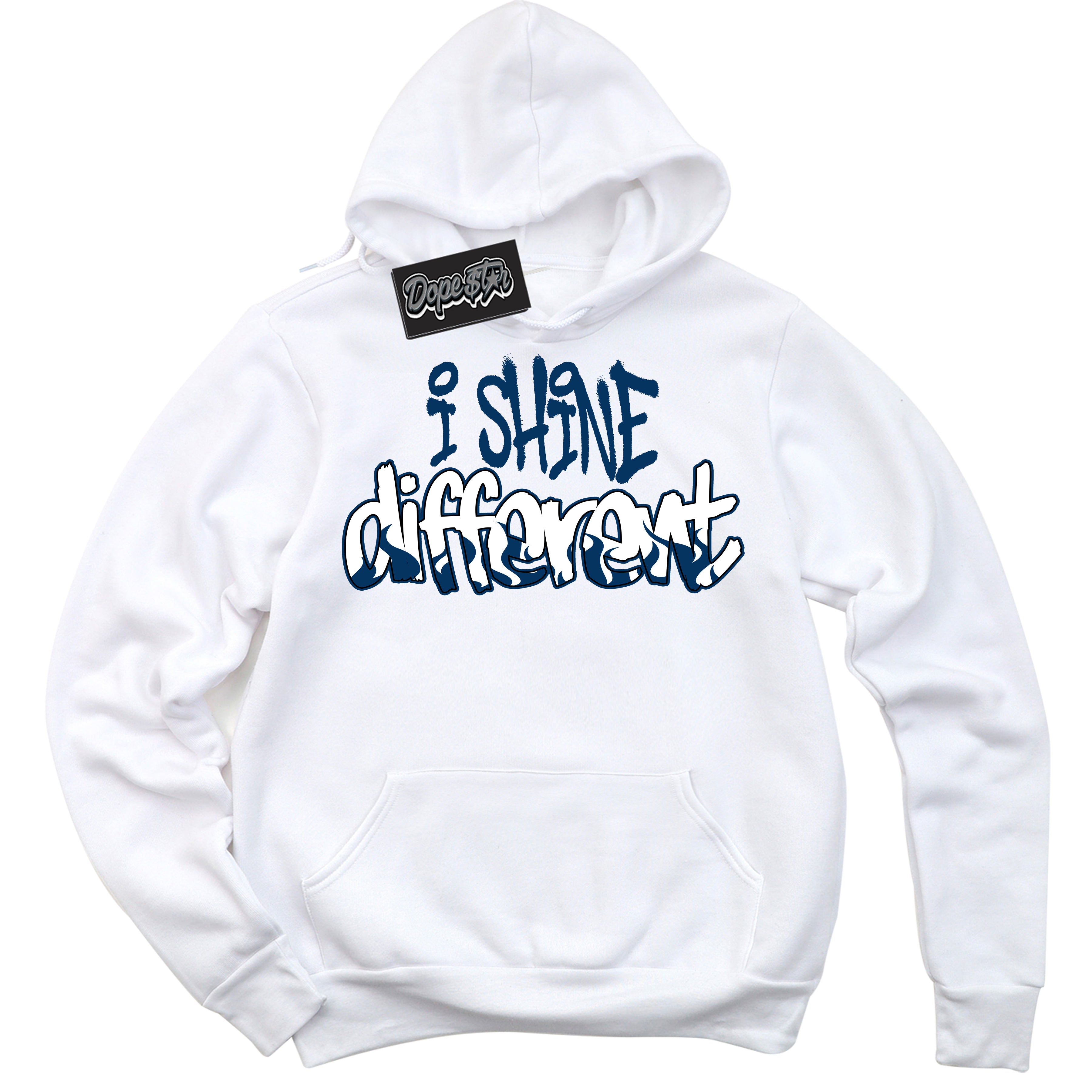 Cool White Hoodie with “I Shine Different” design that Perfectly Matches Midnight Navy 1s Jordans.