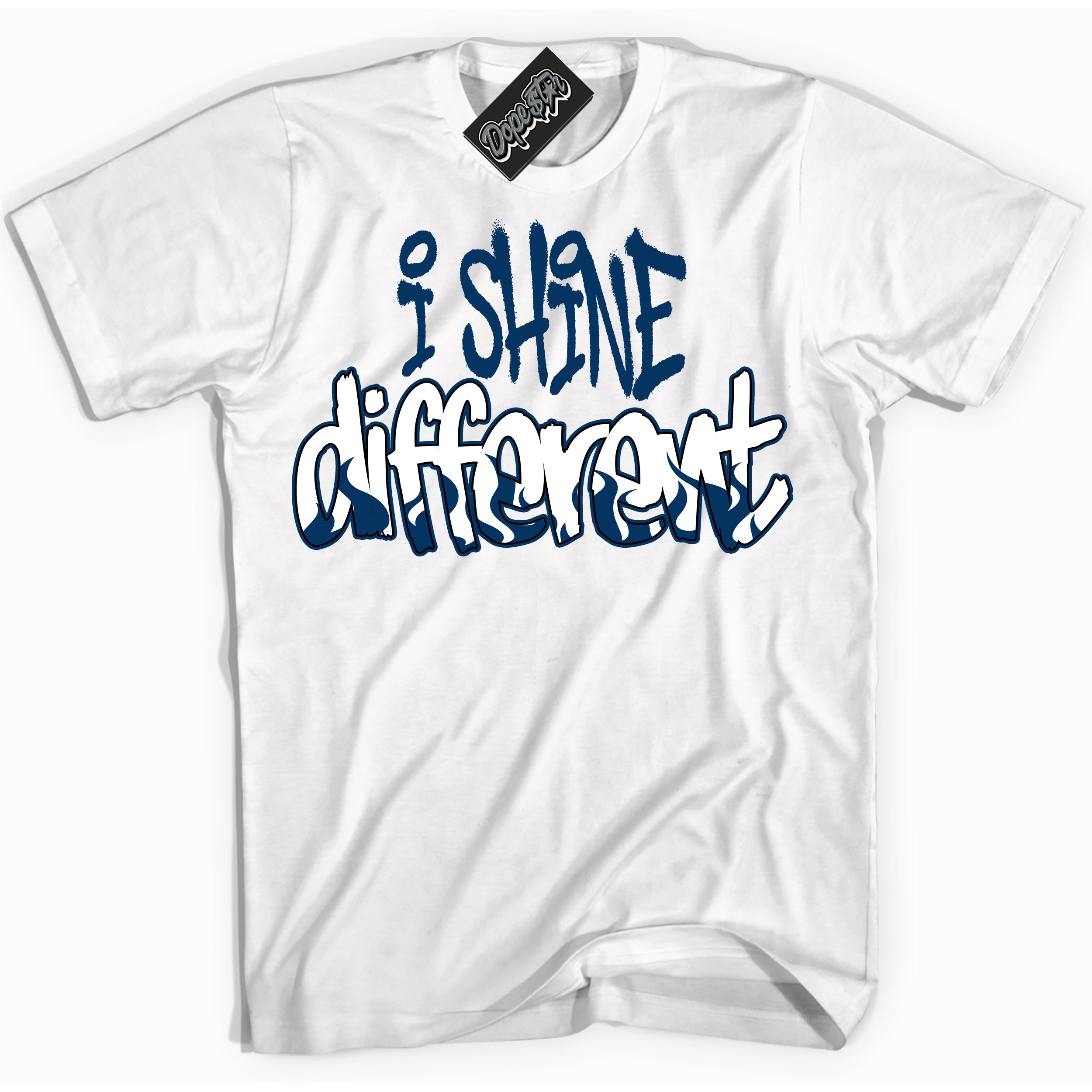 Cool White Shirt with “I Shine Different” design that perfectly matches the Midnight Navy 1s Jordans.