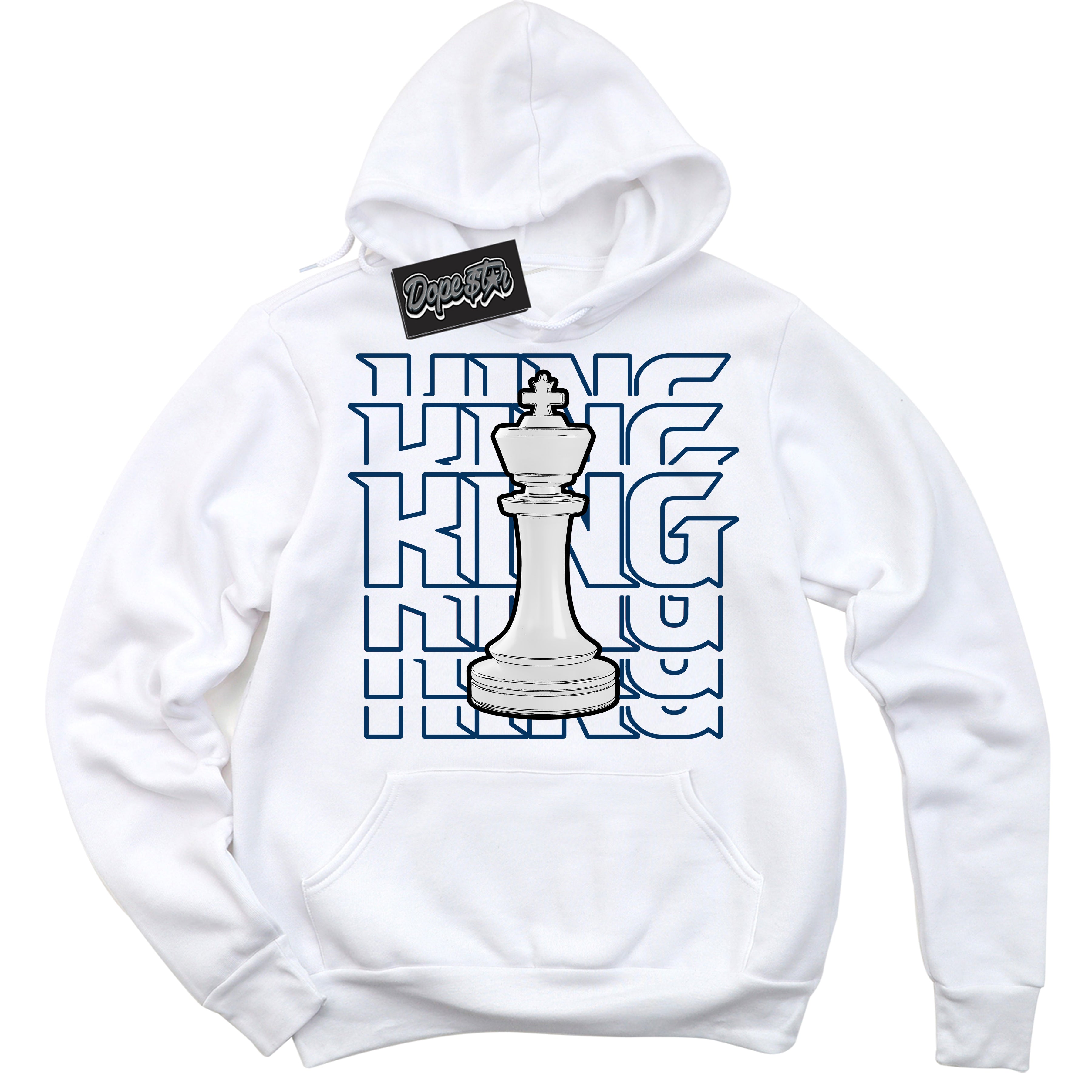 Cool White Hoodie with “King Chess” design that Perfectly Matches Midnight Navy 1s Jordans.