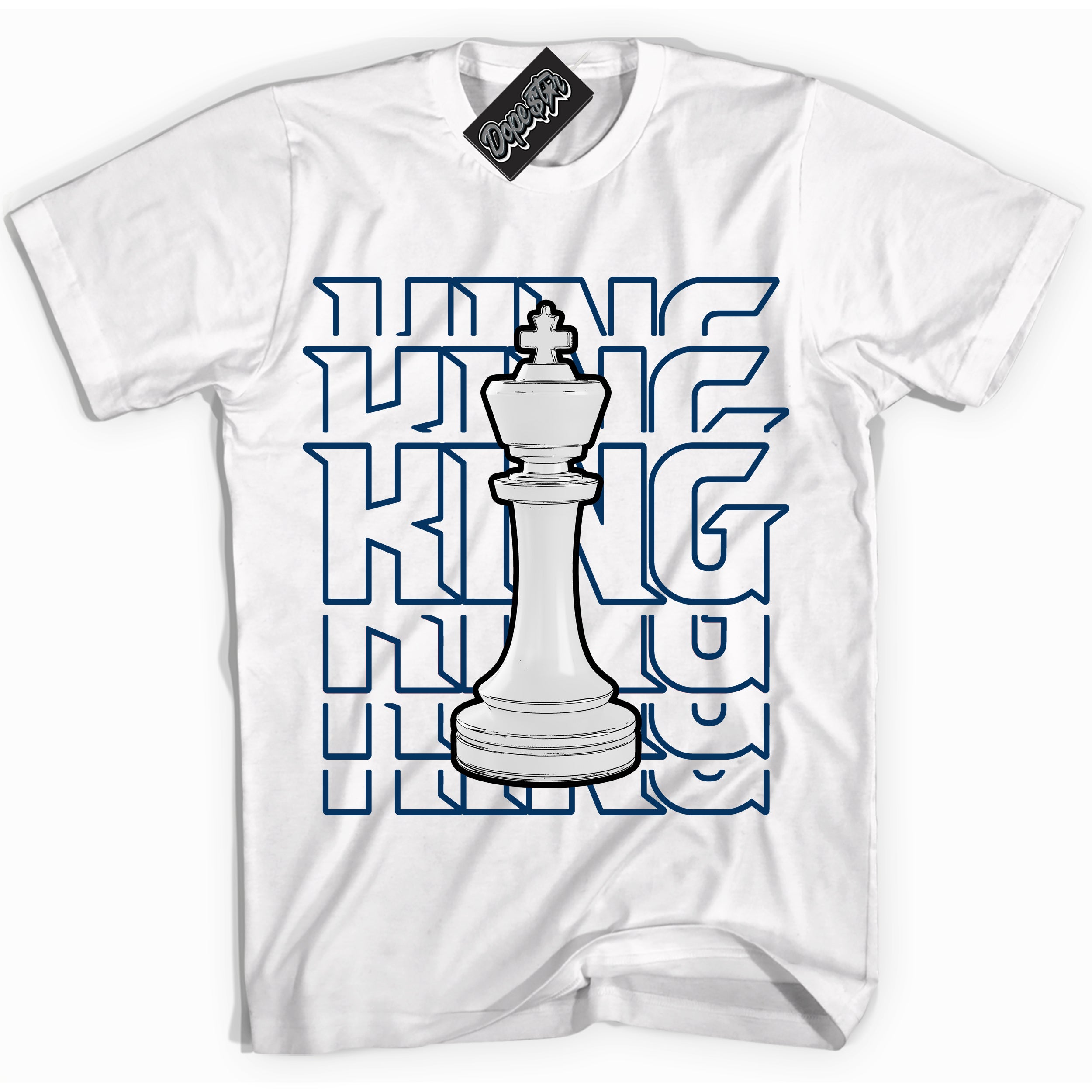 Cool White Shirt with “King Chess” design that perfectly matches the Midnight Navy 1s Jordans.