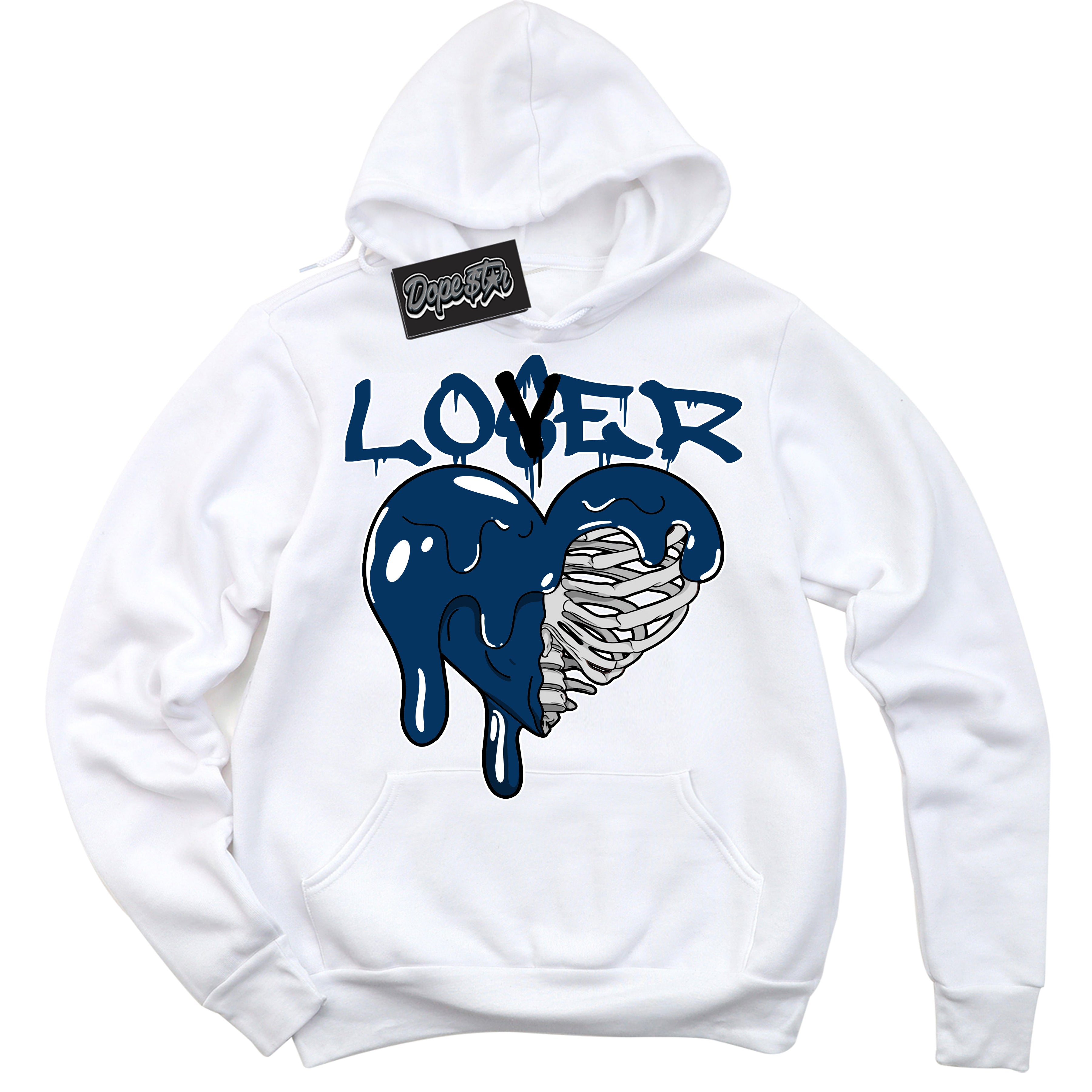 Cool White Hoodie with “Lover Loser” design that Perfectly Matches Midnight Navy 1s Jordans.