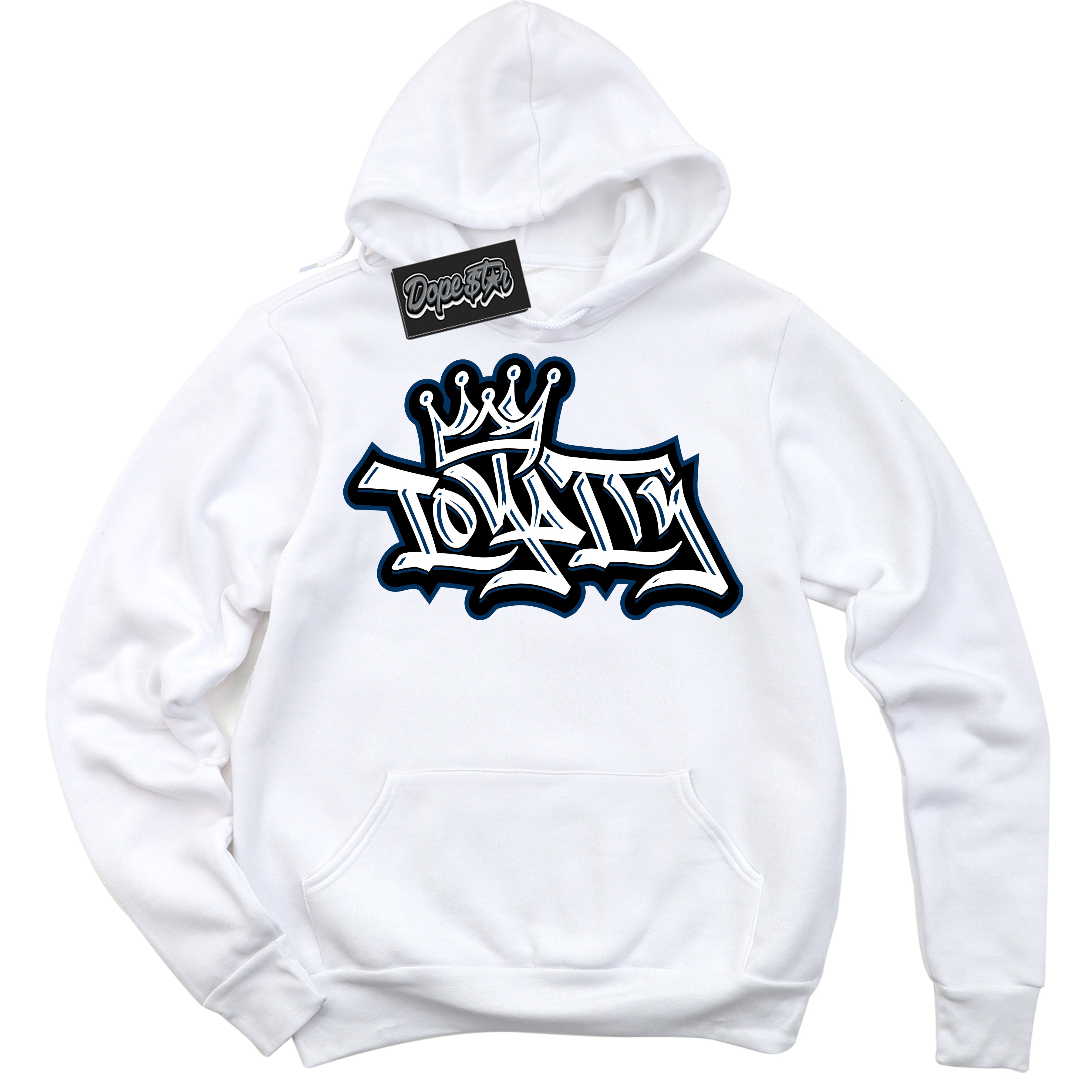 Cool White Hoodie with “Loyalty Crown” design that Perfectly Matches Midnight Navy 1s Jordans.