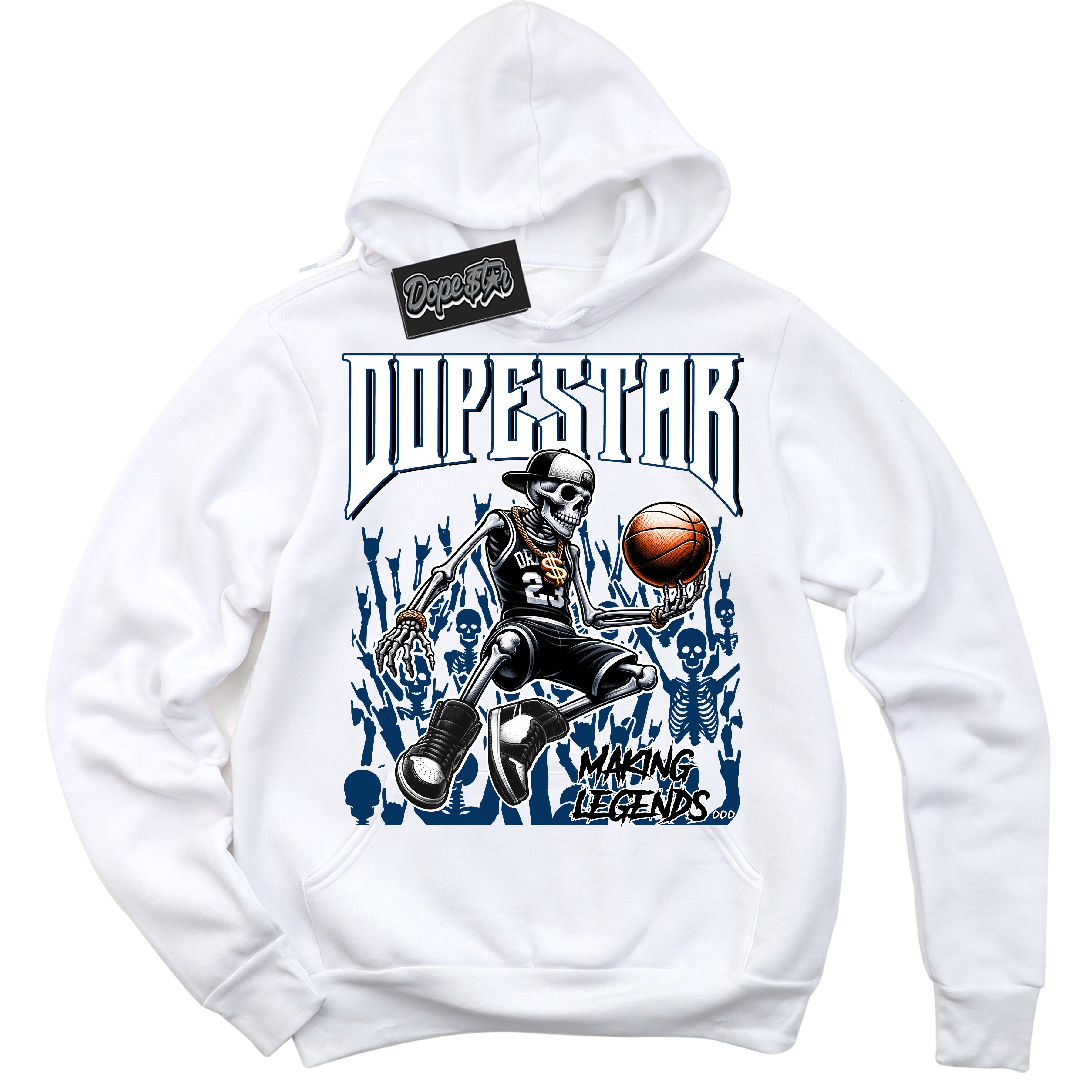 Cool White Hoodie with “Making Legends” design that Perfectly Matches Midnight Navy 1s Jordans.