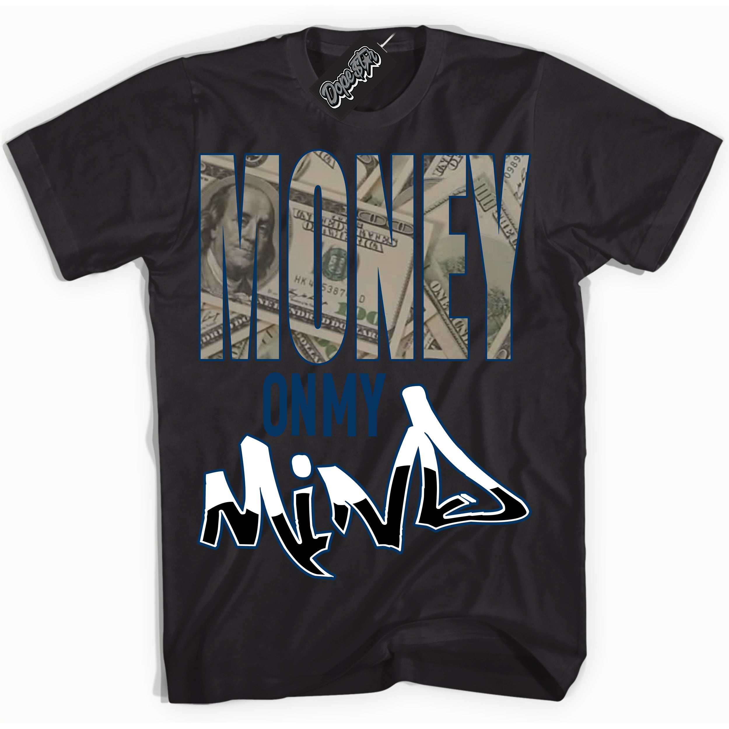 Cool Black Shirt with “Money On My Mind” design that perfectly matches the Midnight Navy 1s Jordans.