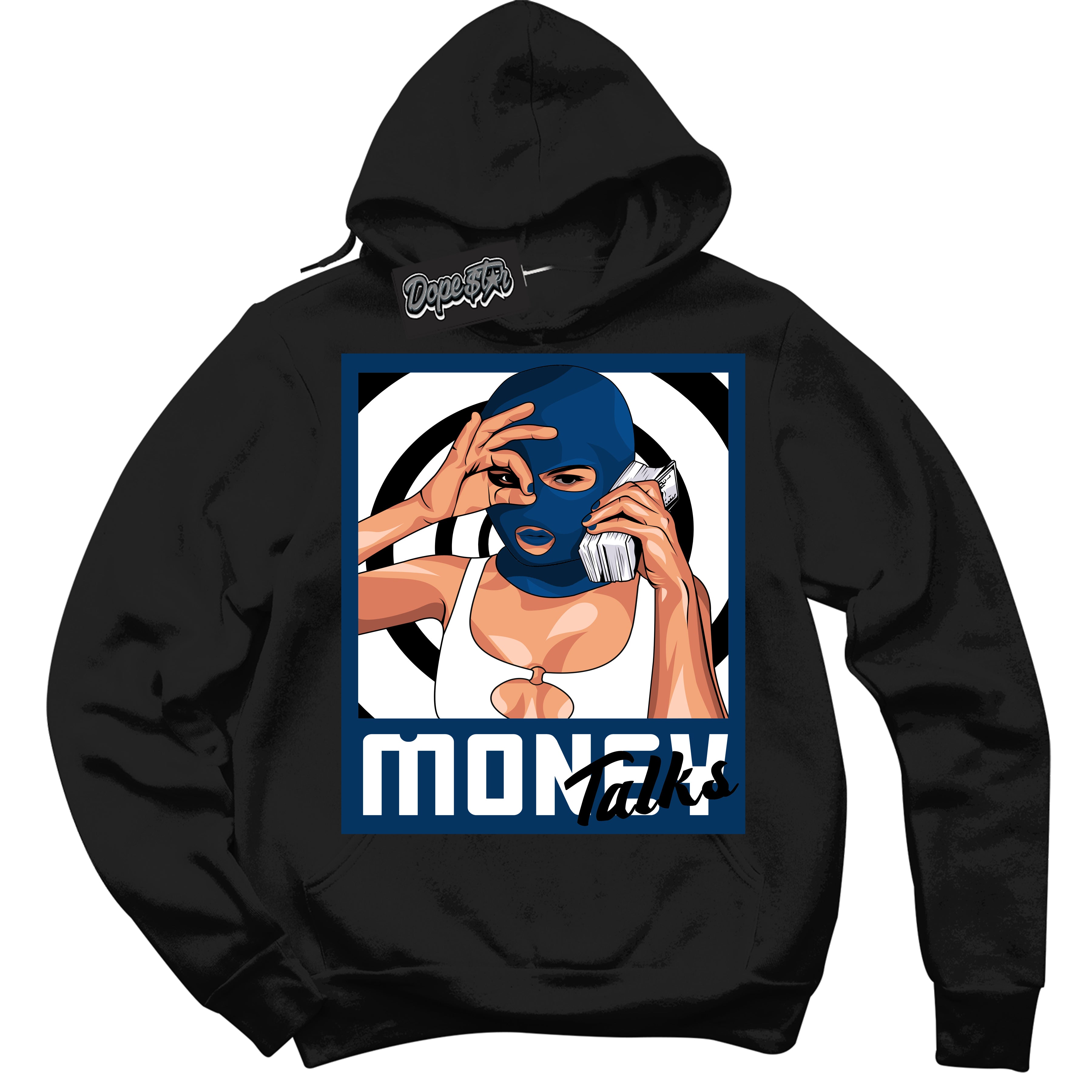 Cool Black Hoodie with “Money Talks” design that Perfectly Matches Midnight Navy 1s Jordans.