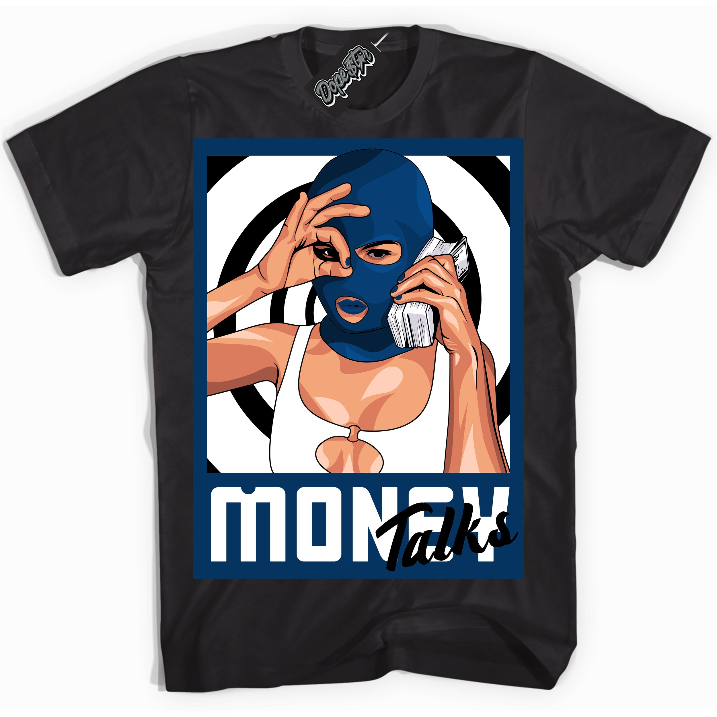 Cool Black Shirt with “Money Talks” design that perfectly matches the Midnight Navy 1s Jordans.