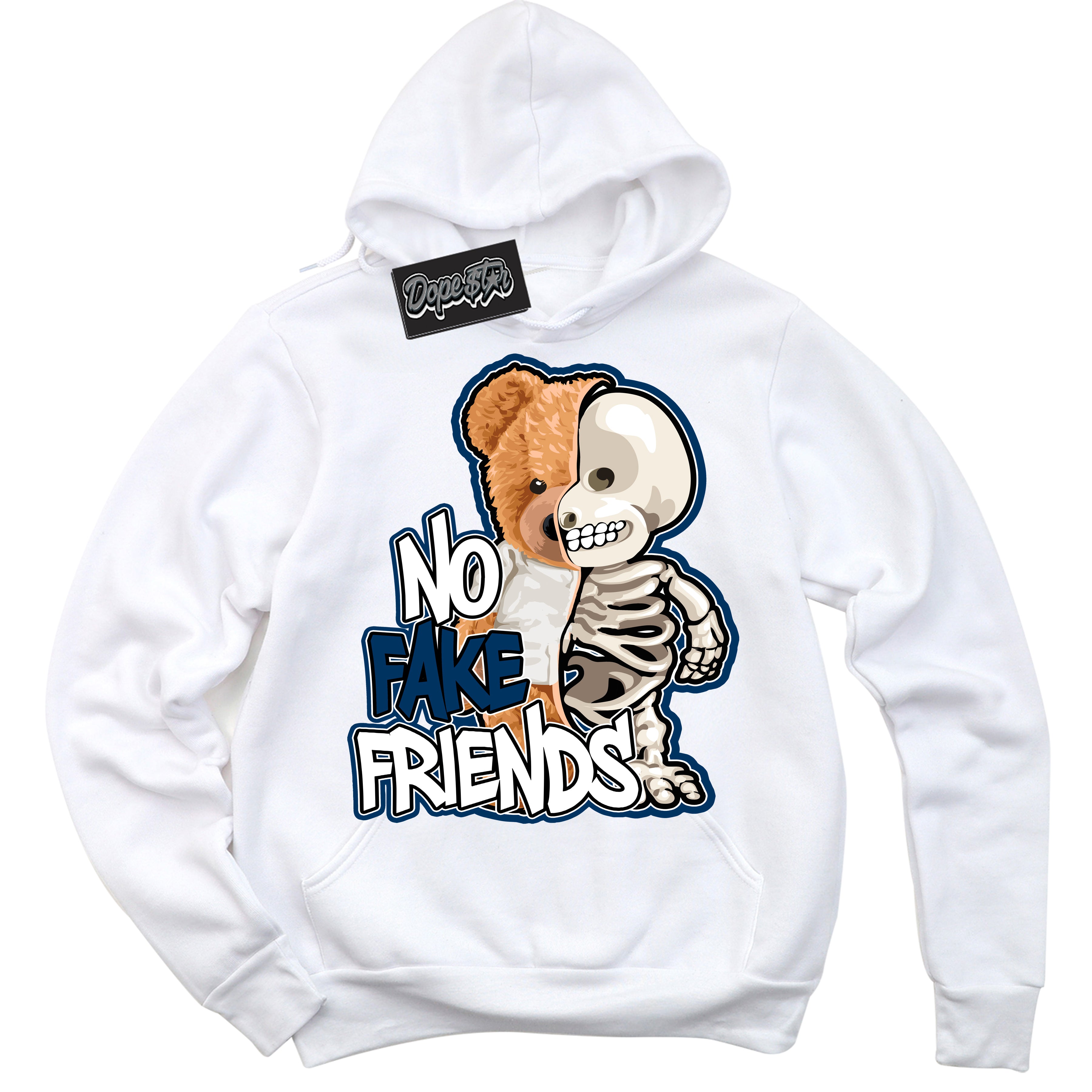 Cool White Hoodie with “No Fake Friends” design that Perfectly Matches Midnight Navy 1s Jordans.