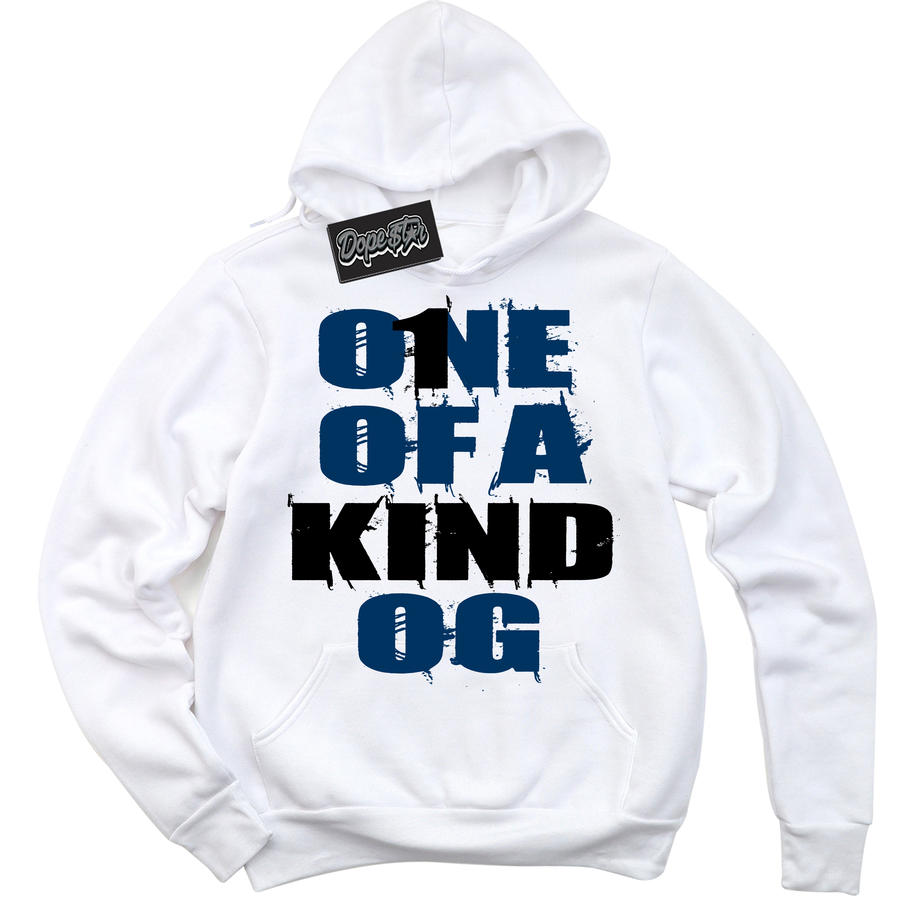 Cool White Hoodie with “One Of A Kind” design that Perfectly Matches Midnight Navy 1s Jordans.