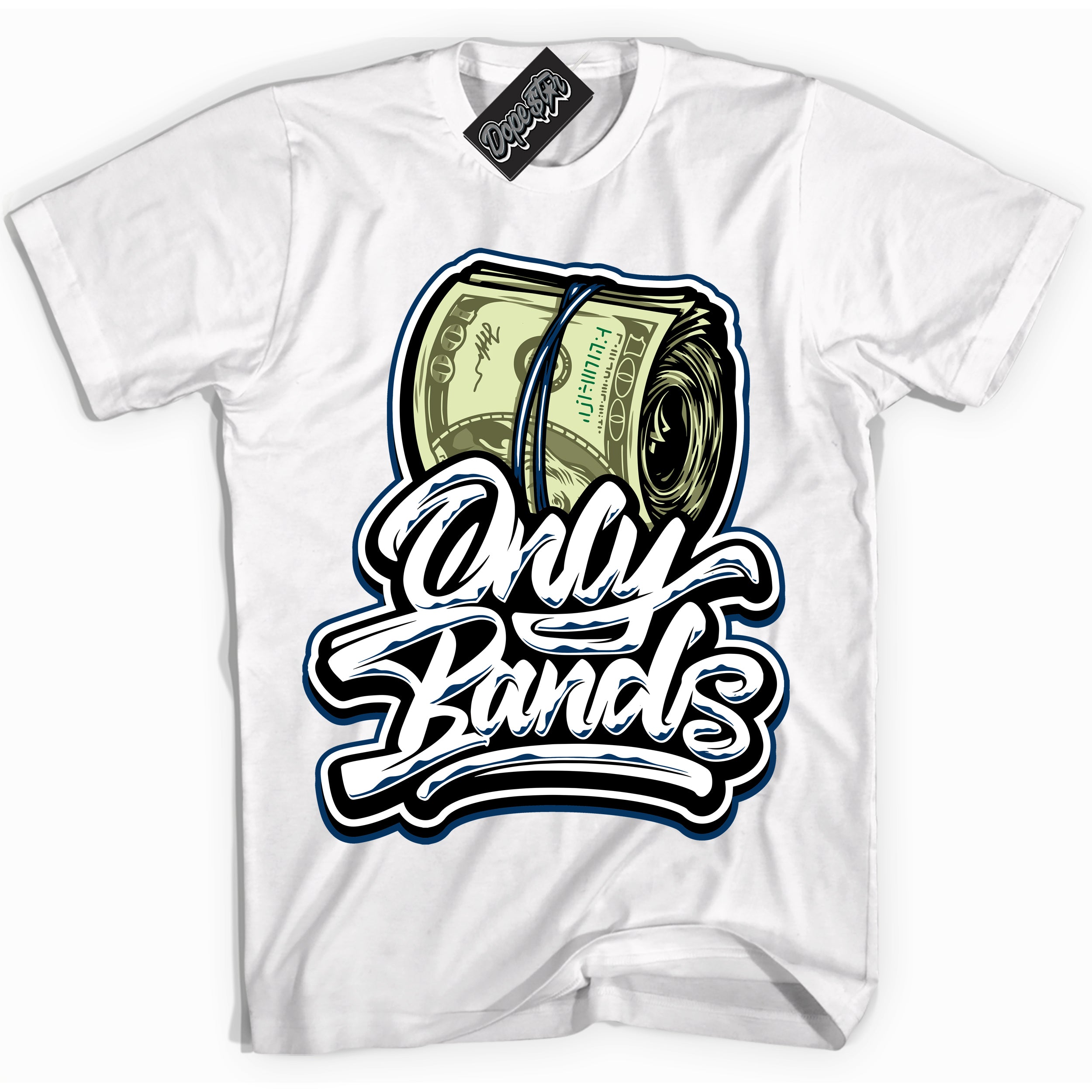 Cool White Shirt with “Only Bands” design that perfectly matches the Midnight Navy 1s Jordans.