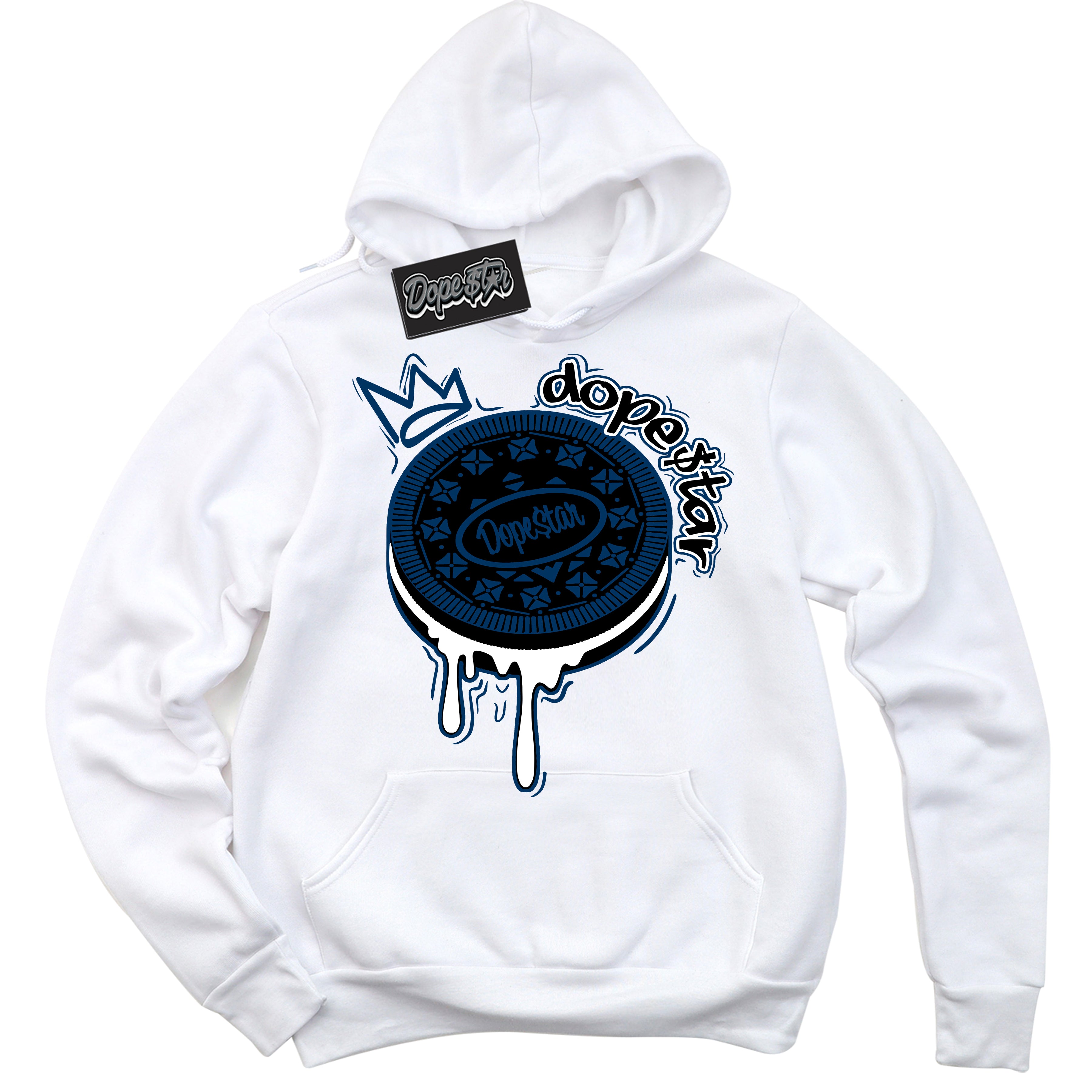 Cool White Hoodie with “Oreo DS” design that Perfectly Matches Midnight Navy 1s Jordans.