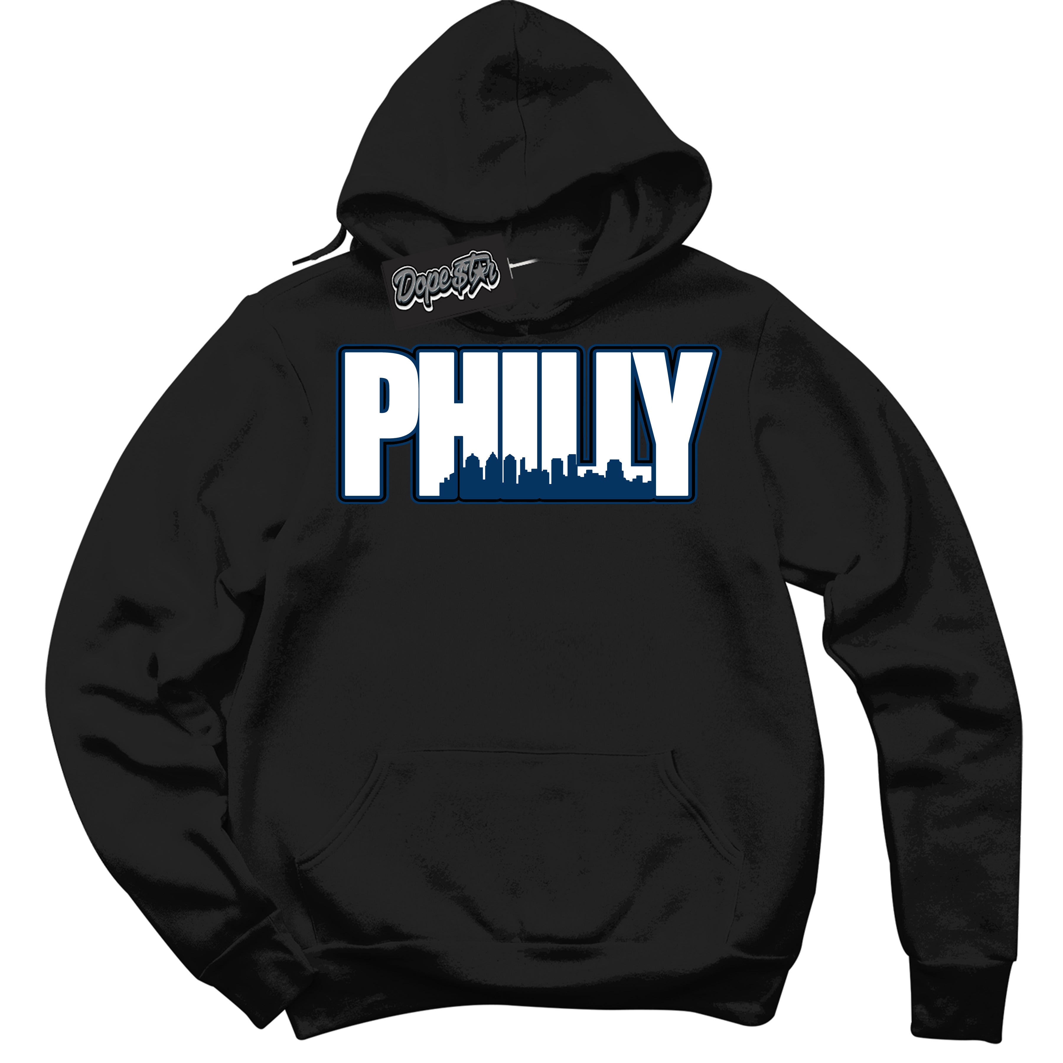 Cool Black Hoodie with “Philly” design that Perfectly Matches Midnight Navy 1s Jordans.