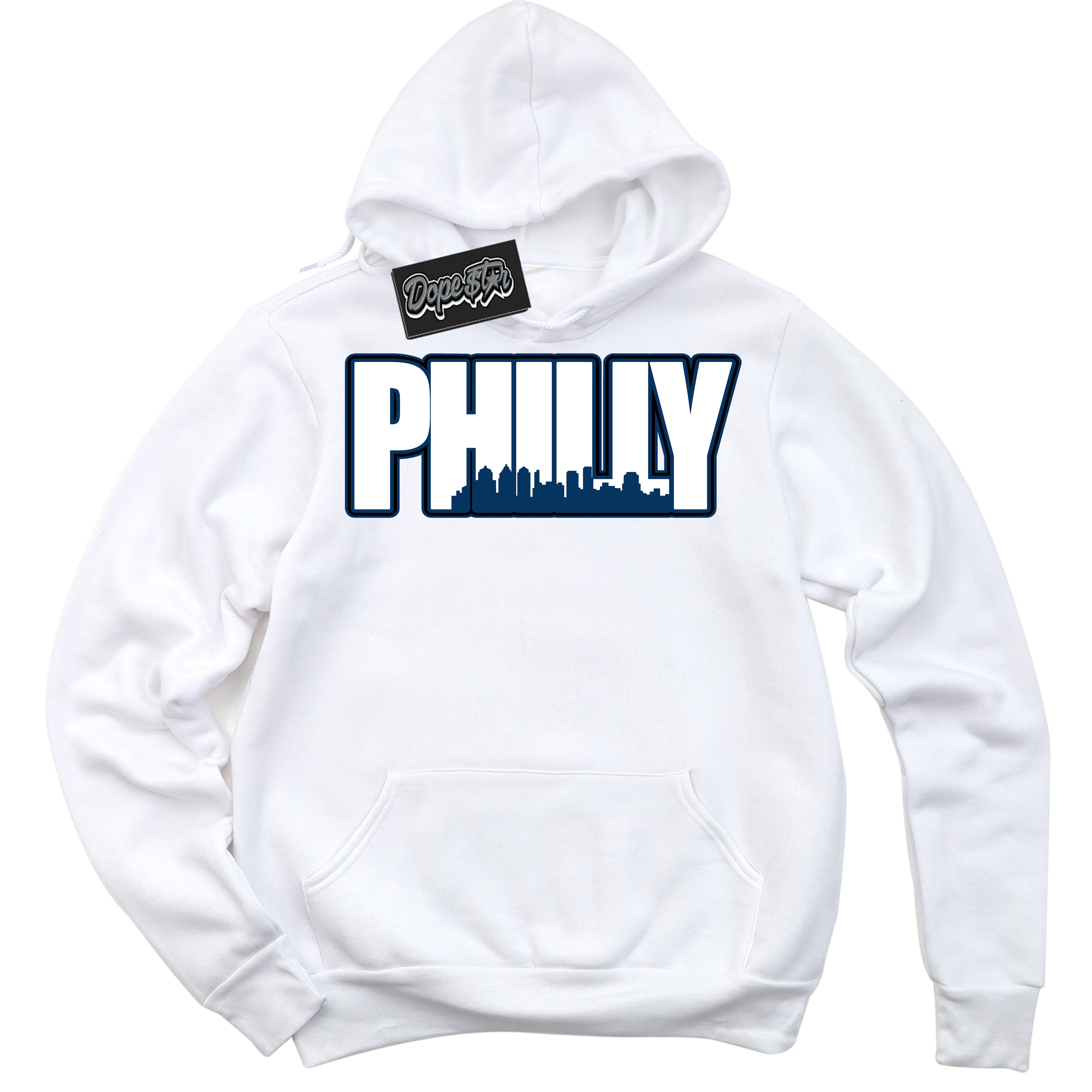 Cool White Hoodie with “Philly” design that Perfectly Matches Midnight Navy 1s Jordans.