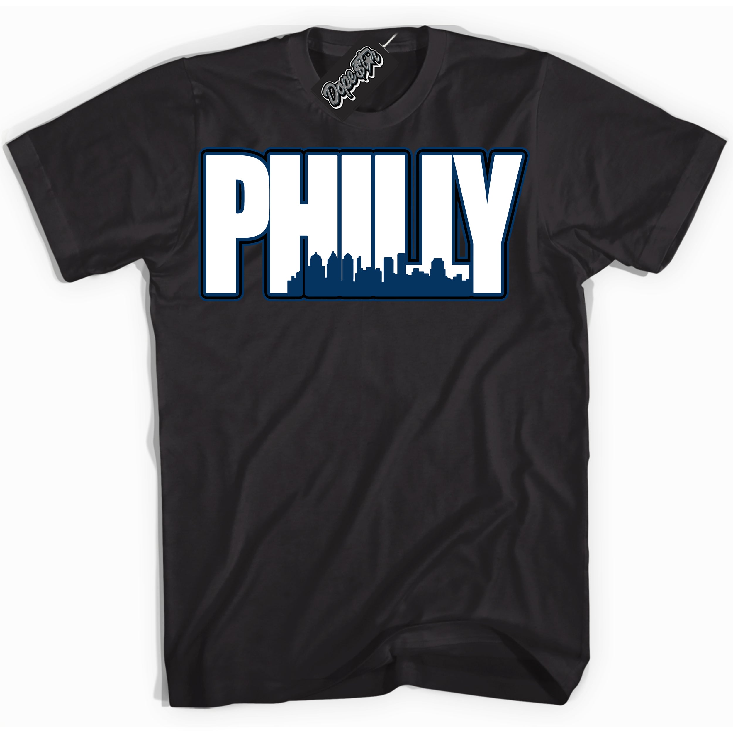 Cool Black Shirt with “Philly” design that perfectly matches the Midnight Navy 1s Jordans.