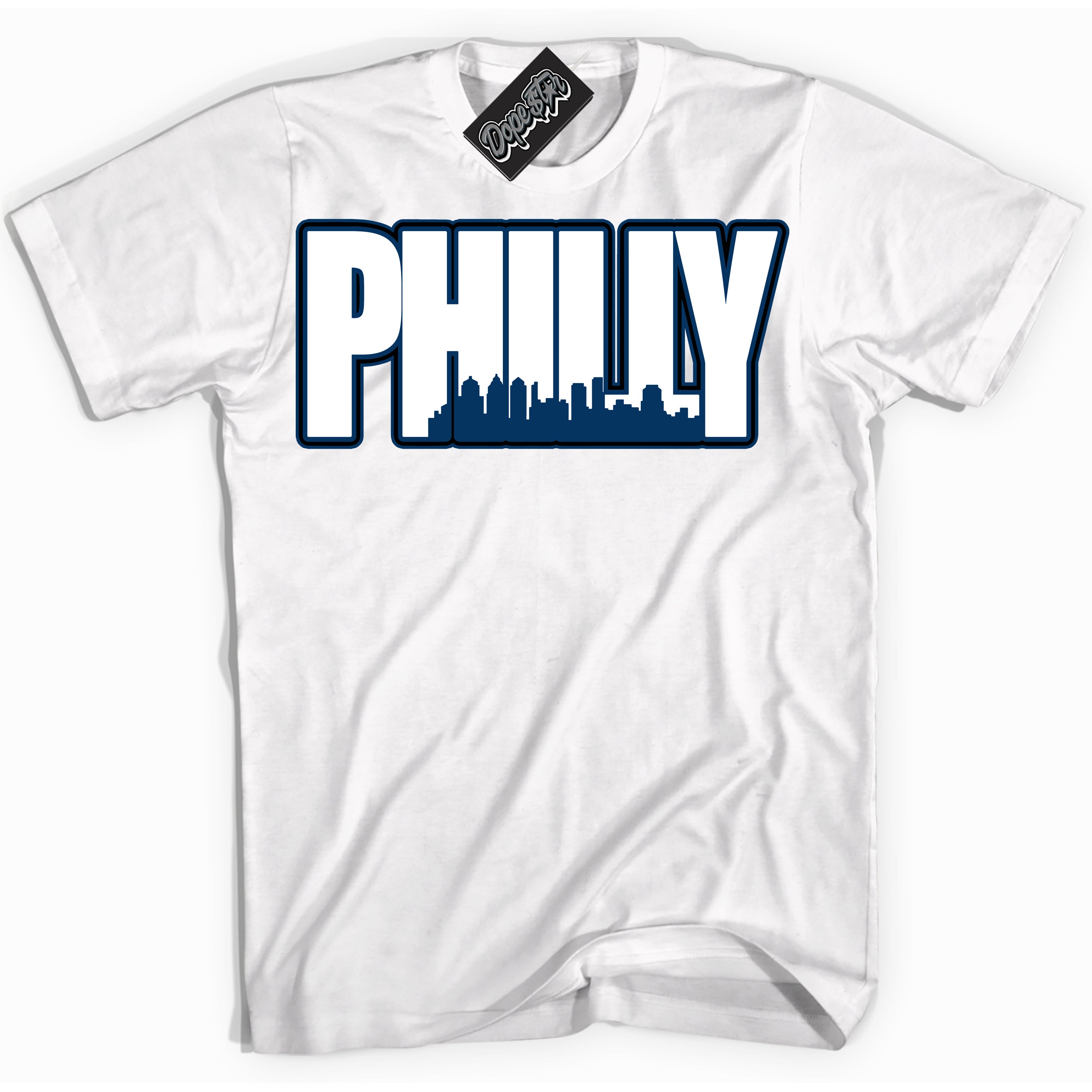 Cool White Shirt with “Philly” design that perfectly matches the Midnight Navy 1s Jordans.