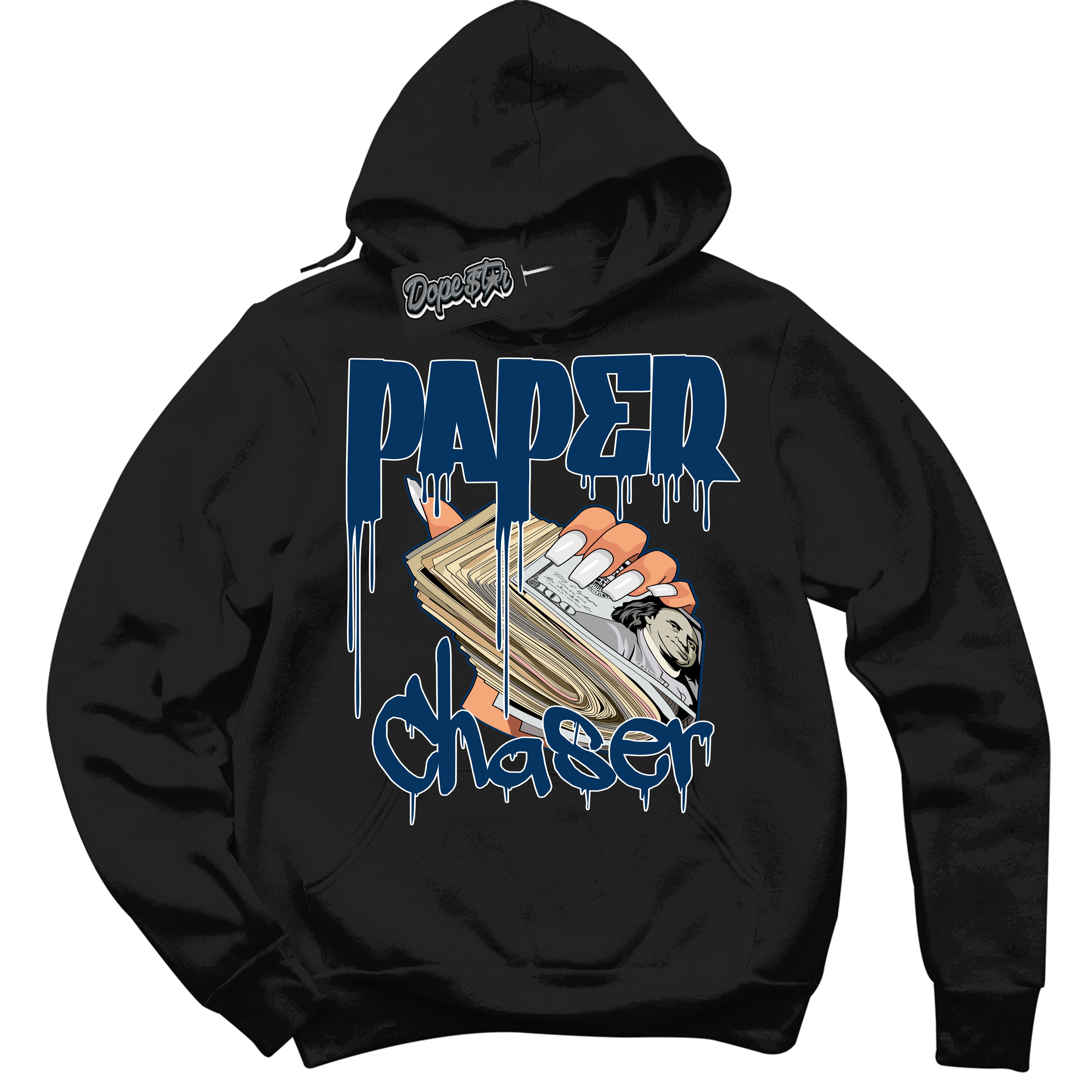 Cool Black Hoodie with “Paper Chaser” design that Perfectly Matches Midnight Navy 1s Jordans.