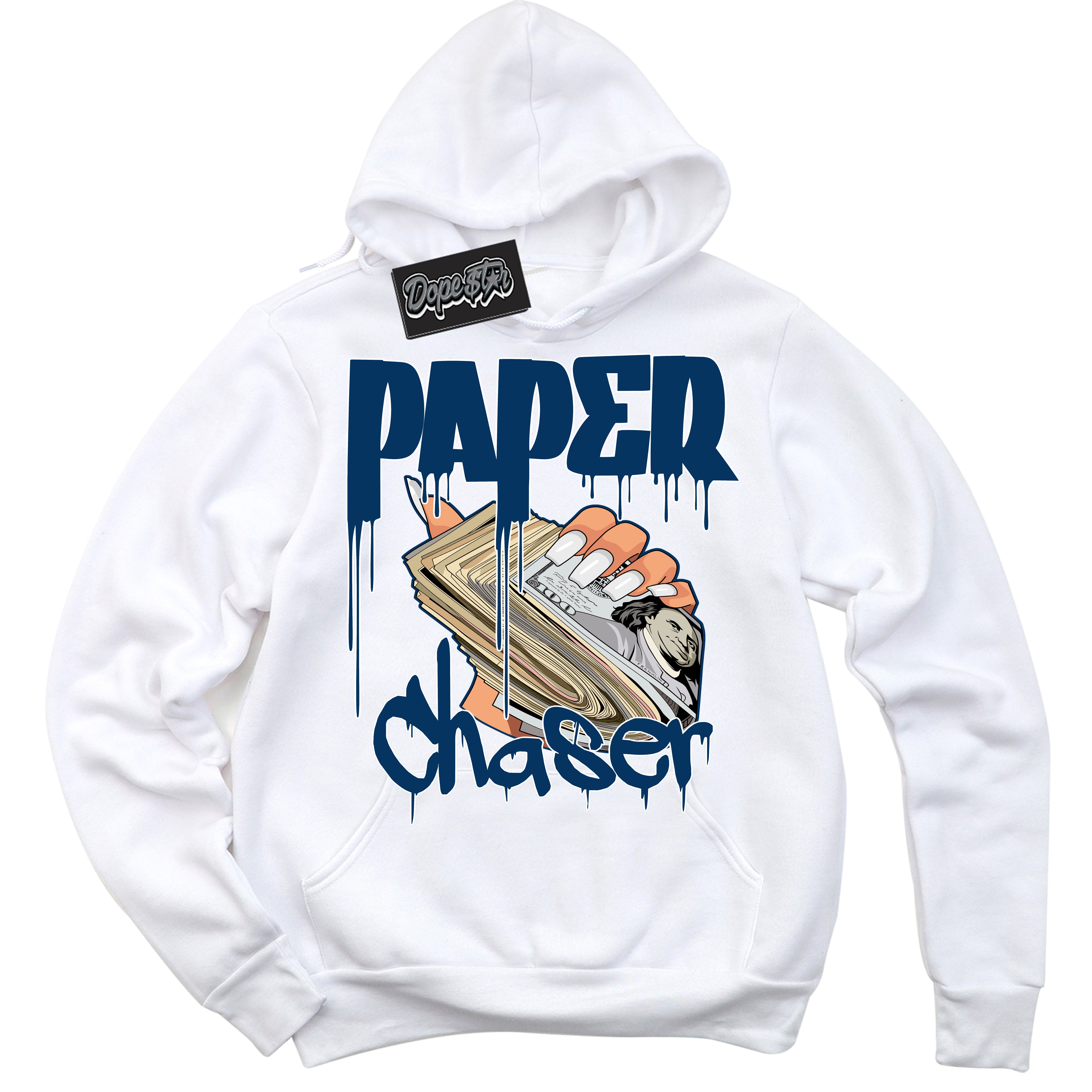 Cool White Hoodie with “Paper Chaser” design that Perfectly Matches Midnight Navy 1s Jordans.