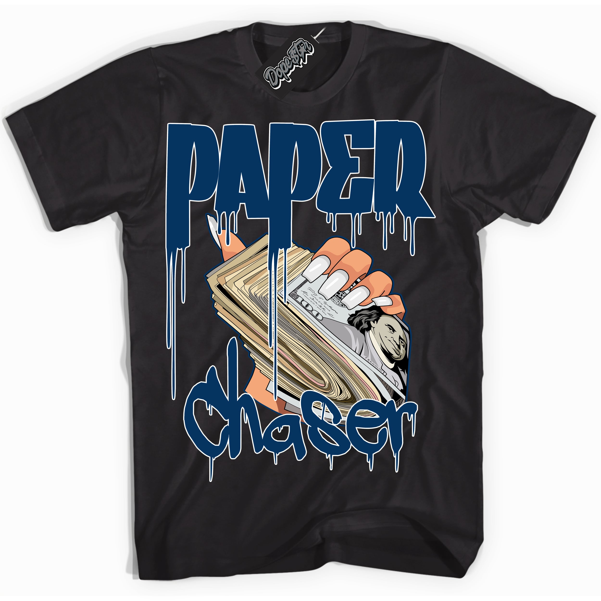 Cool Black Shirt with “Paper Chaser” design that perfectly matches the Midnight Navy 1s Jordans.