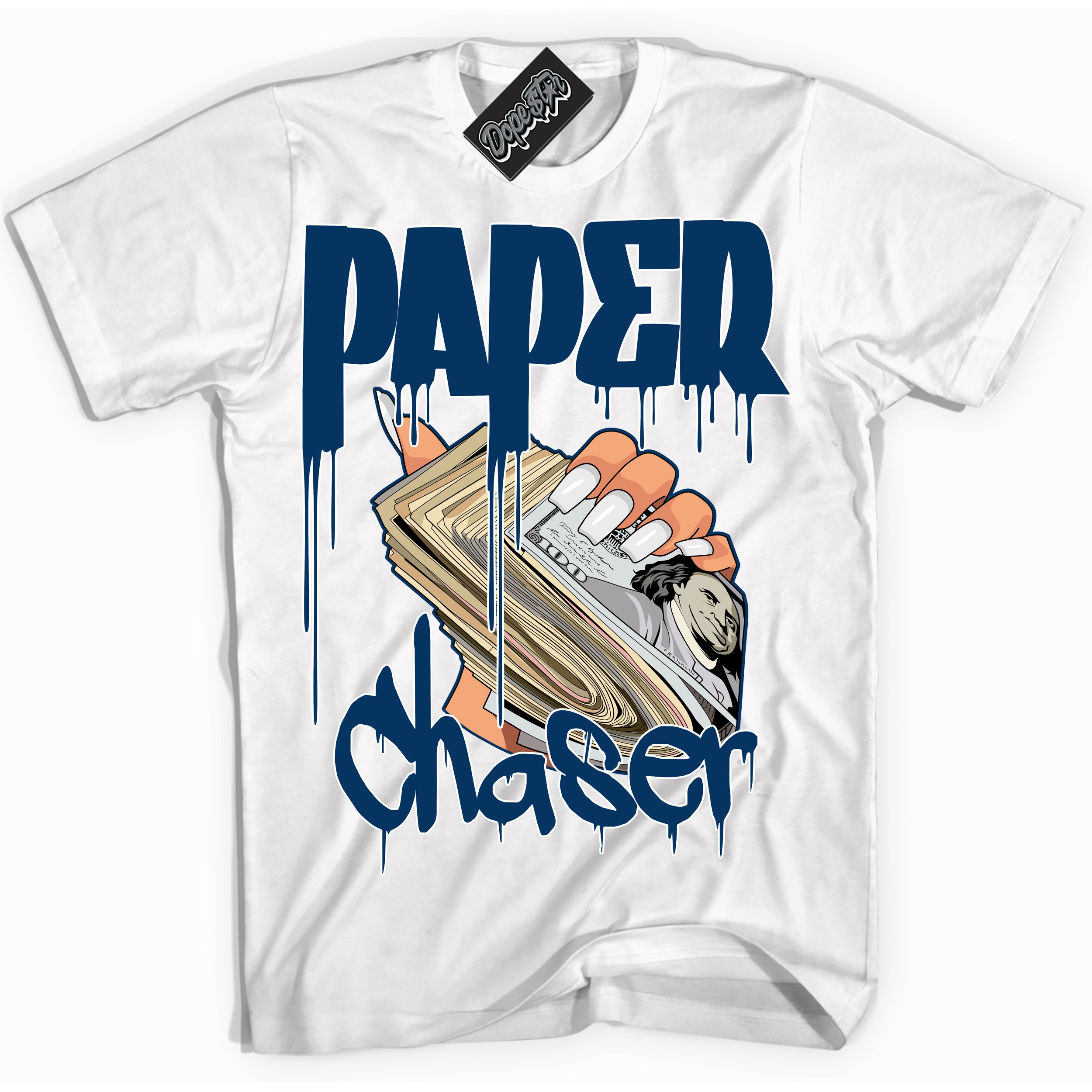 Cool White Shirt with “Paper Chaser” design that perfectly matches the Midnight Navy 1s Jordans.