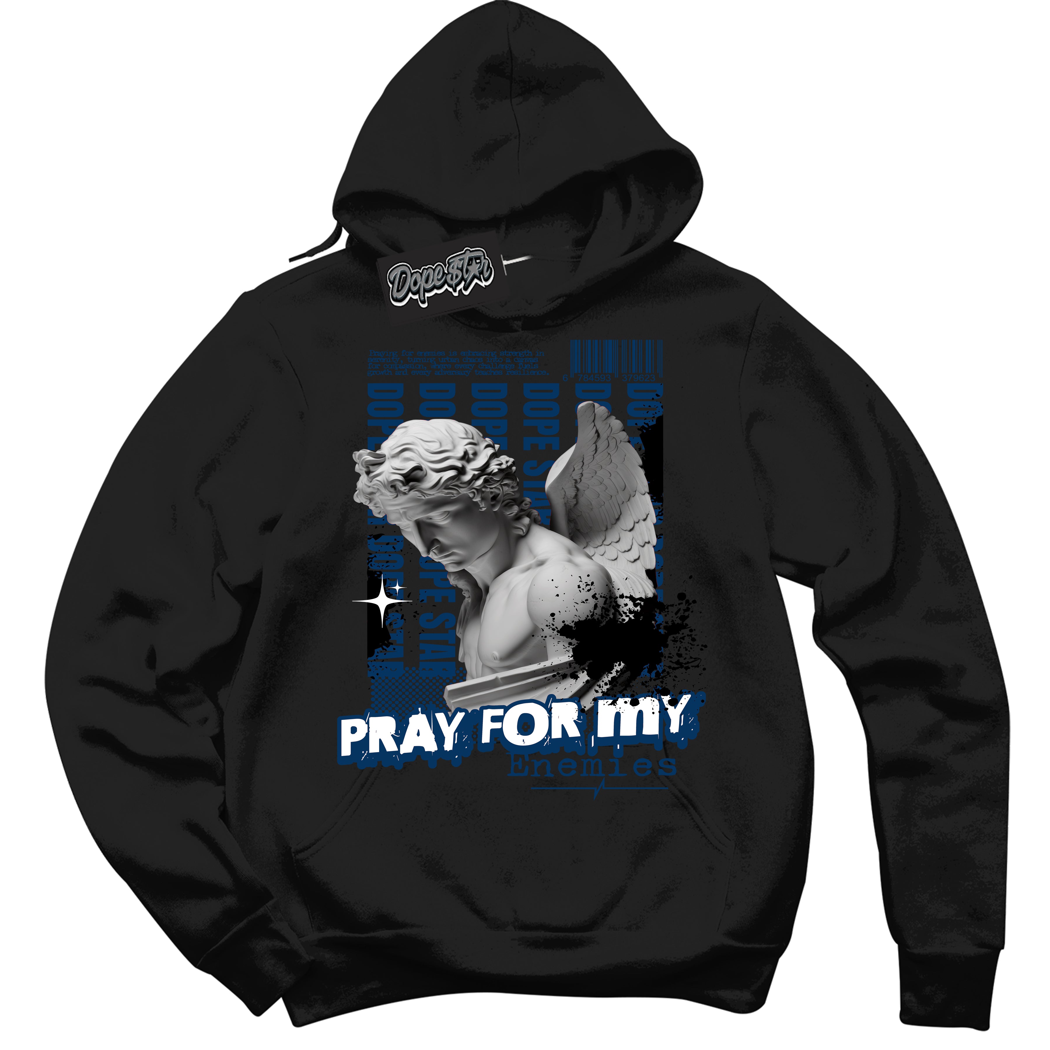 Cool Black Hoodie with “Pray Enemies” design that Perfectly Matches Midnight Navy 1s Jordans.