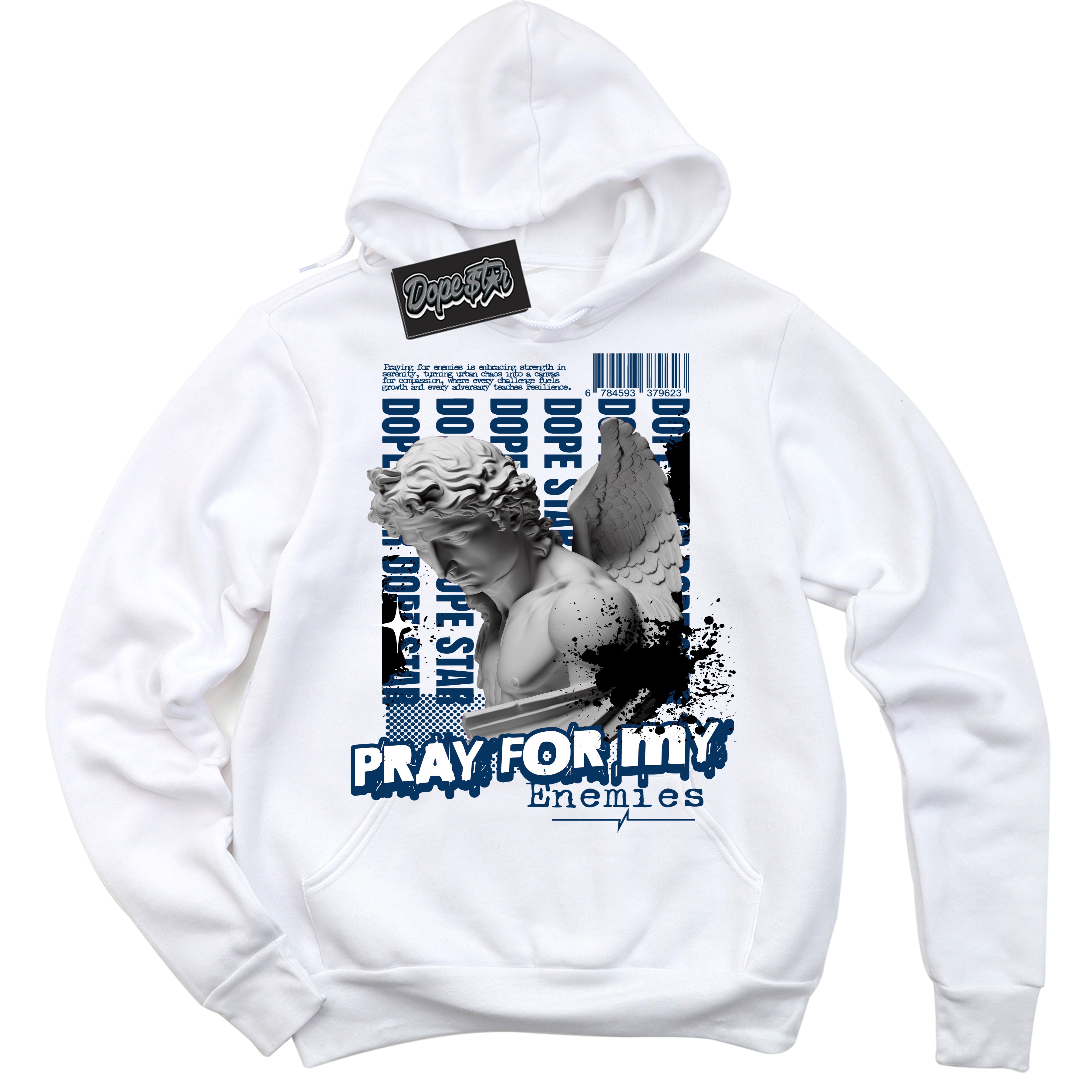 Cool White Hoodie with “Pray Enemies” design that Perfectly Matches Midnight Navy 1s Jordans.