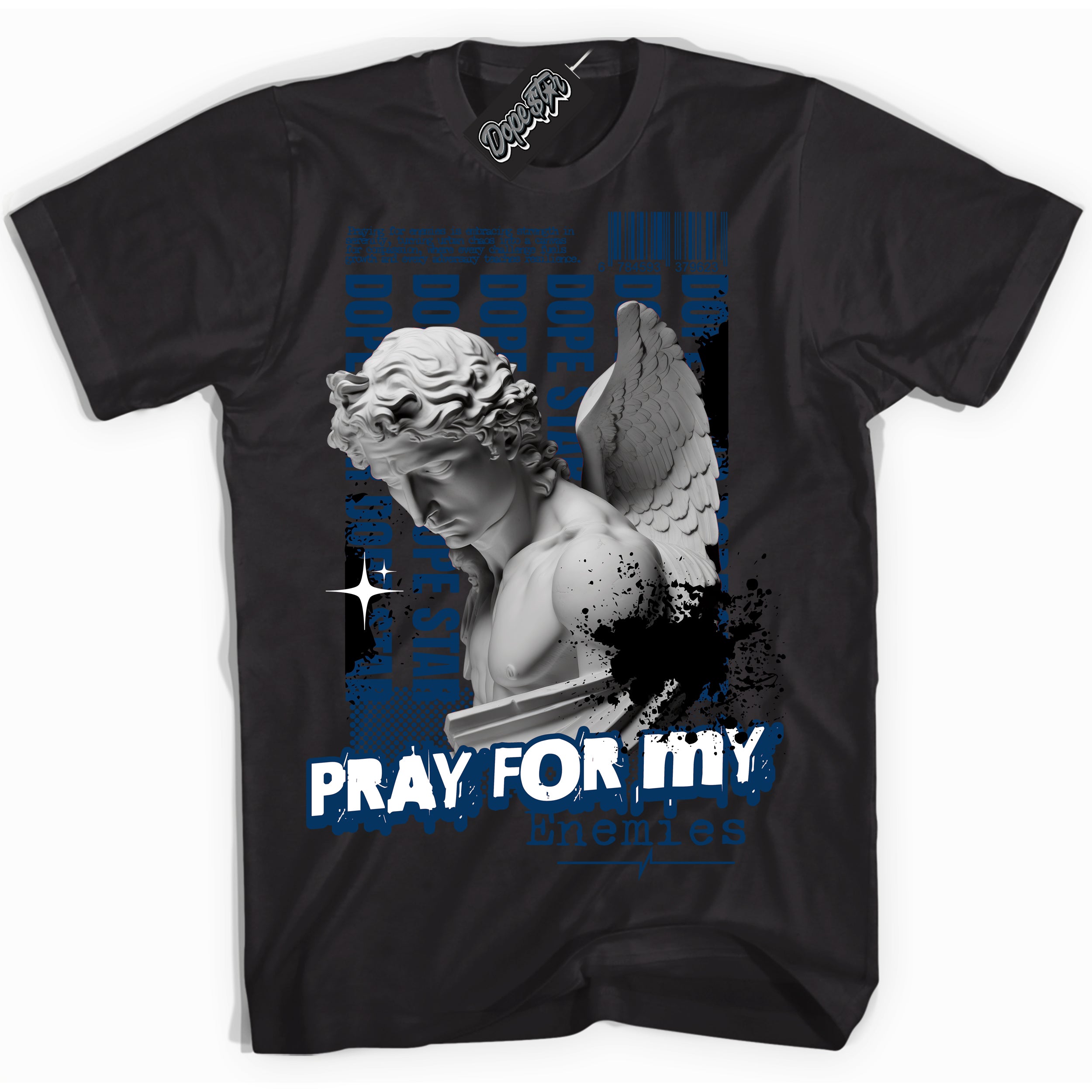 Cool Black Shirt with “Pray Enemies” design that perfectly matches the Midnight Navy 1s Jordans.