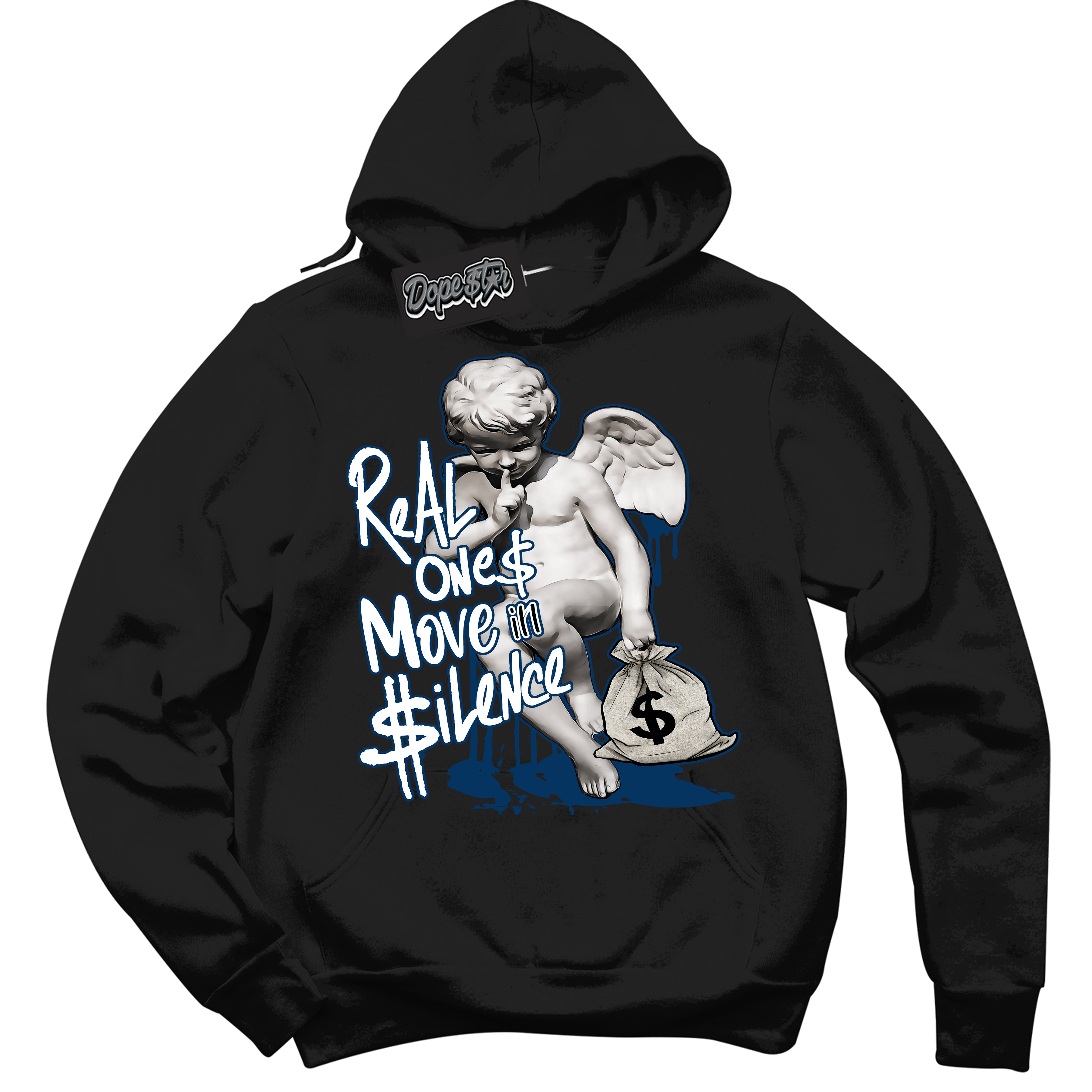 Cool Black Hoodie with “Real Ones Cherub” design that Perfectly Matches Midnight Navy 1s Jordans.