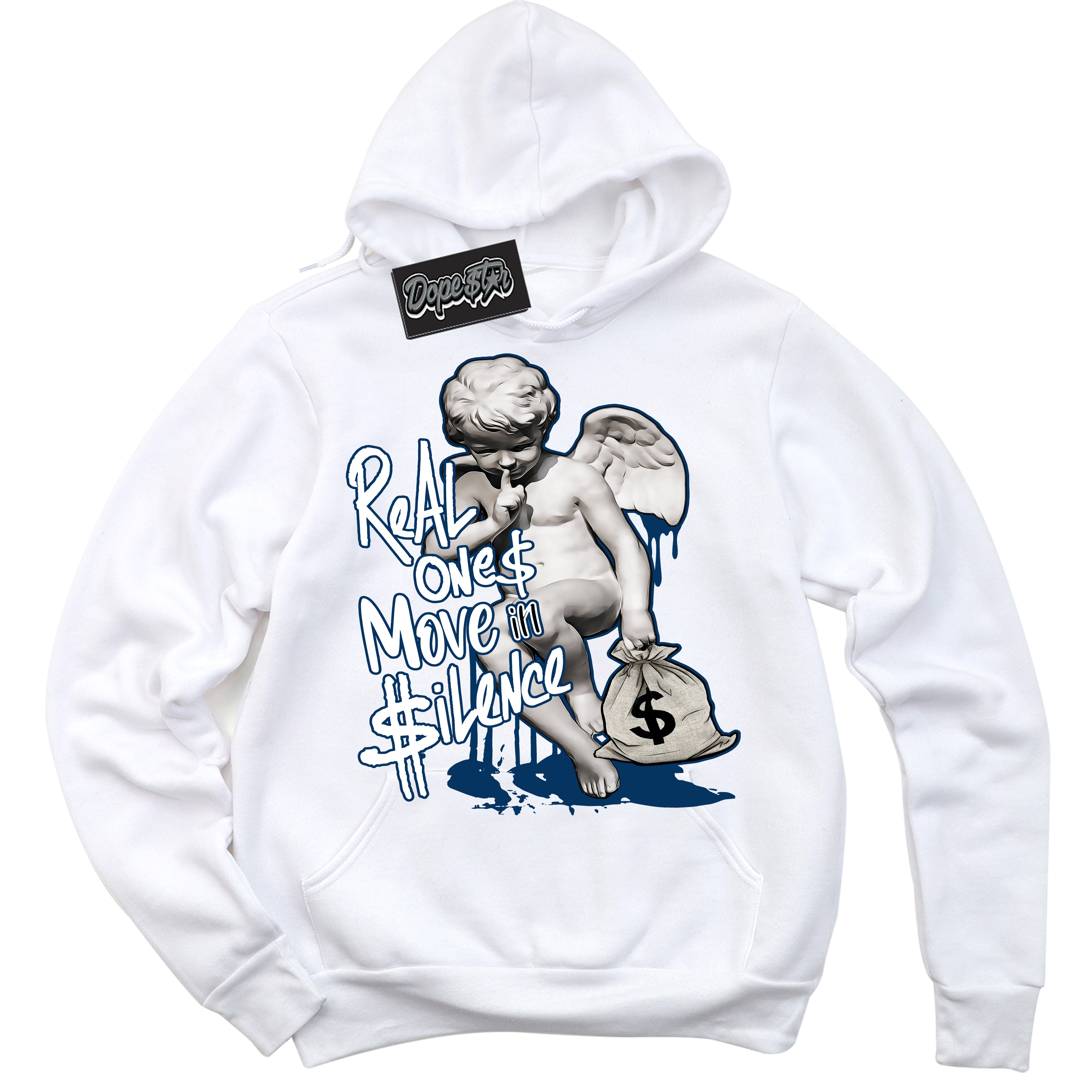 Cool White Hoodie with “Real Ones Cherub” design that Perfectly Matches Midnight Navy 1s Jordans.