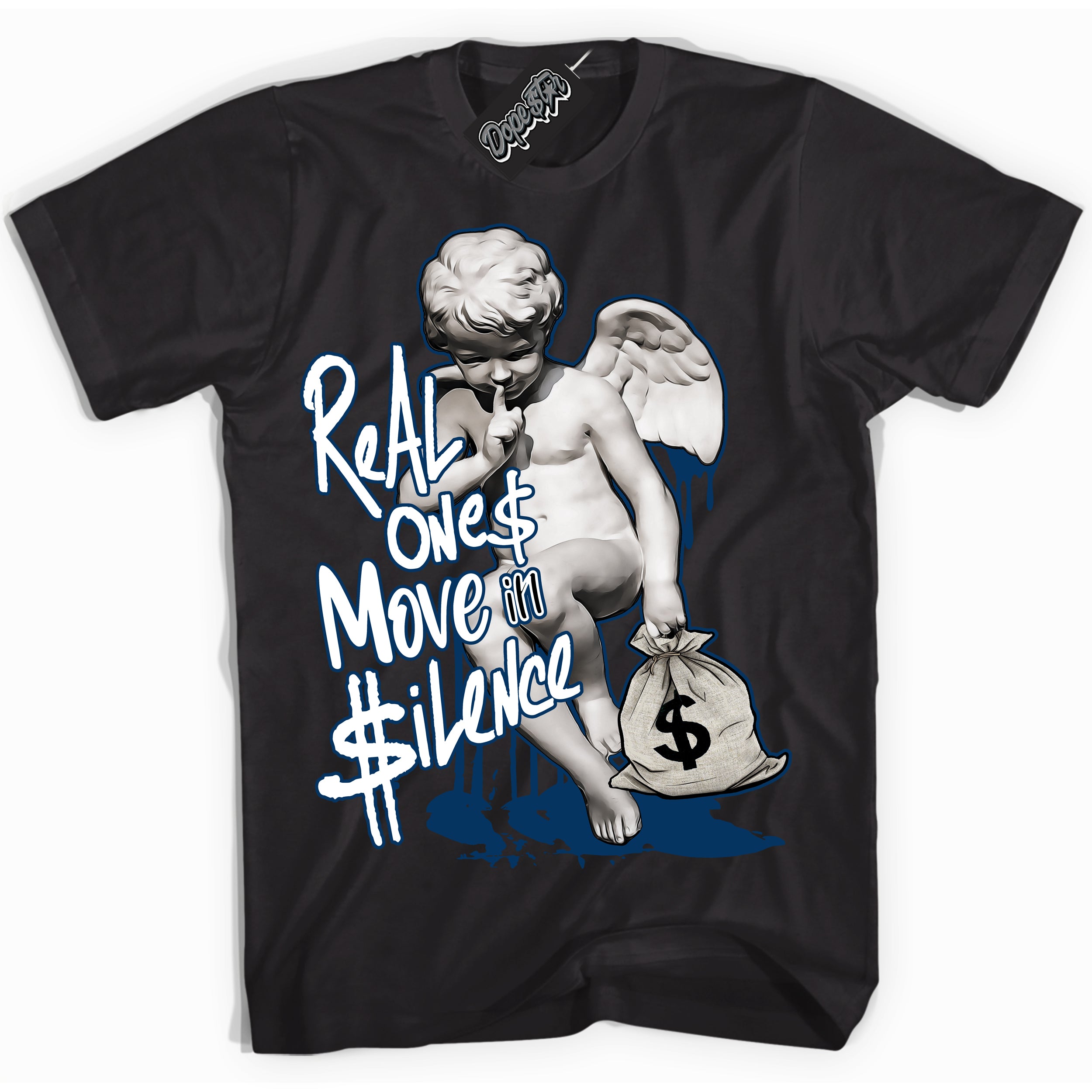 Cool Black Shirt with “Real Ones Cherub” design that perfectly matches the Midnight Navy 1s Jordans.