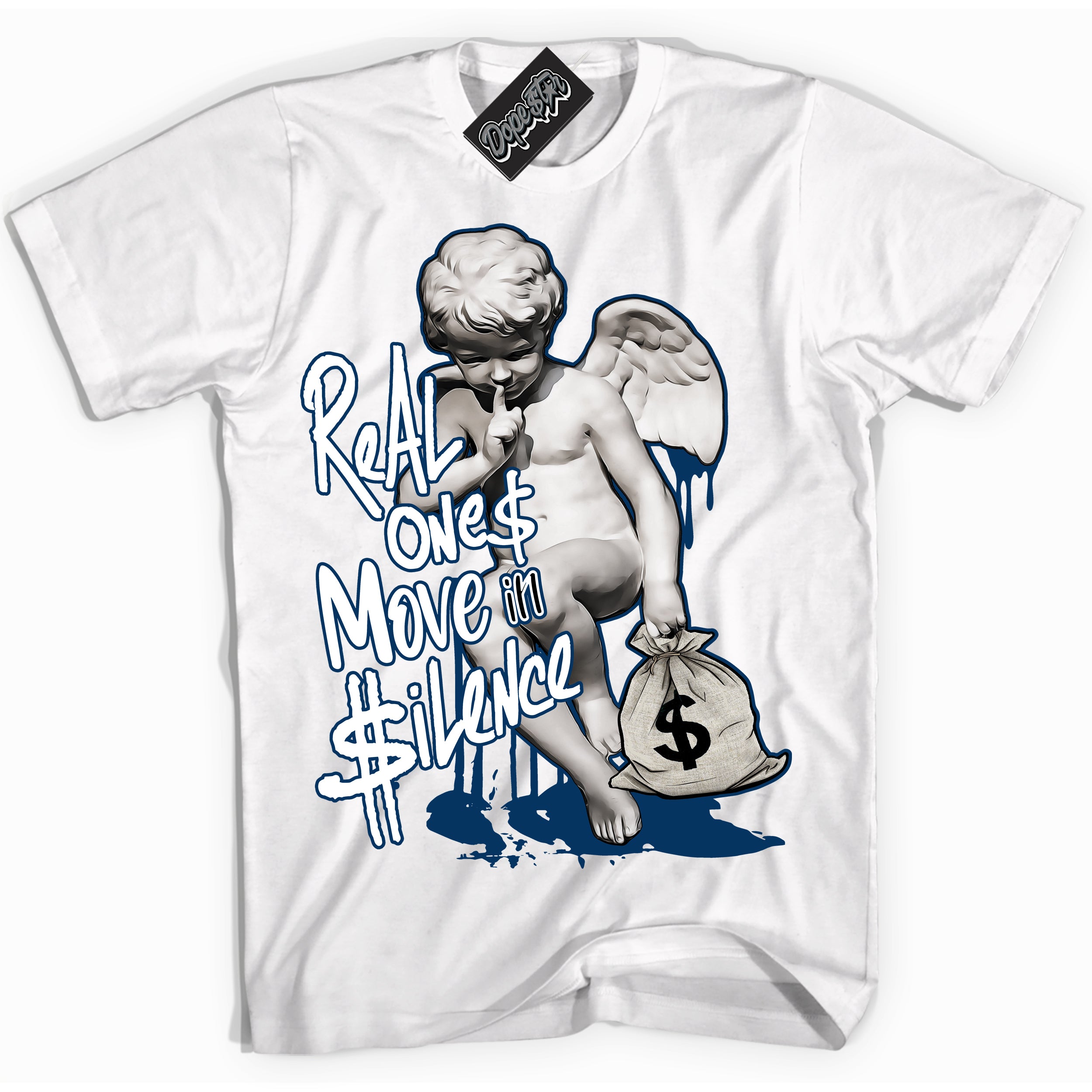 Cool White Shirt with “Real Ones Cherub” design that perfectly matches the Midnight Navy 1s Jordans.