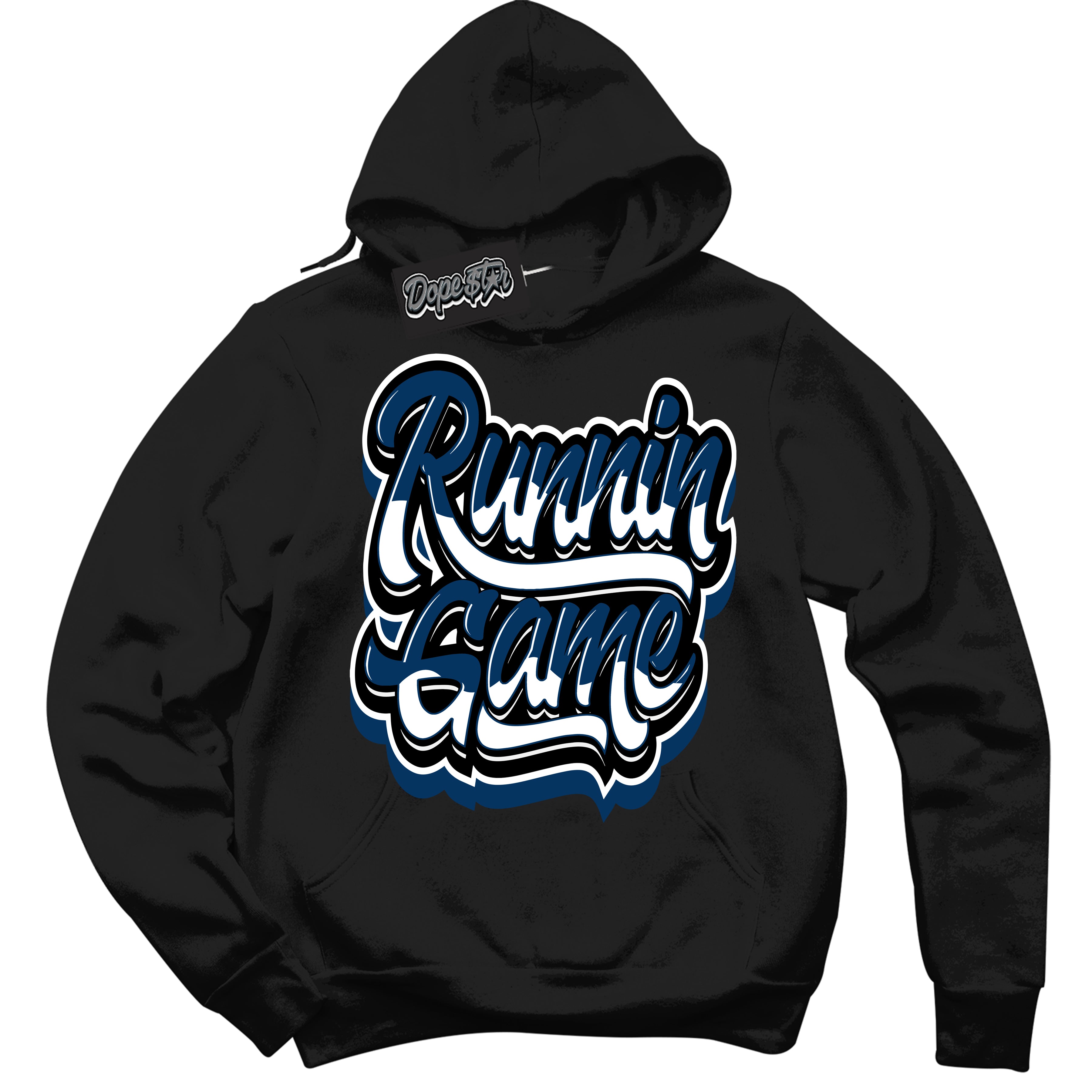 Cool Black Hoodie with “Running Game” design that Perfectly Matches Midnight Navy 1s Jordans.