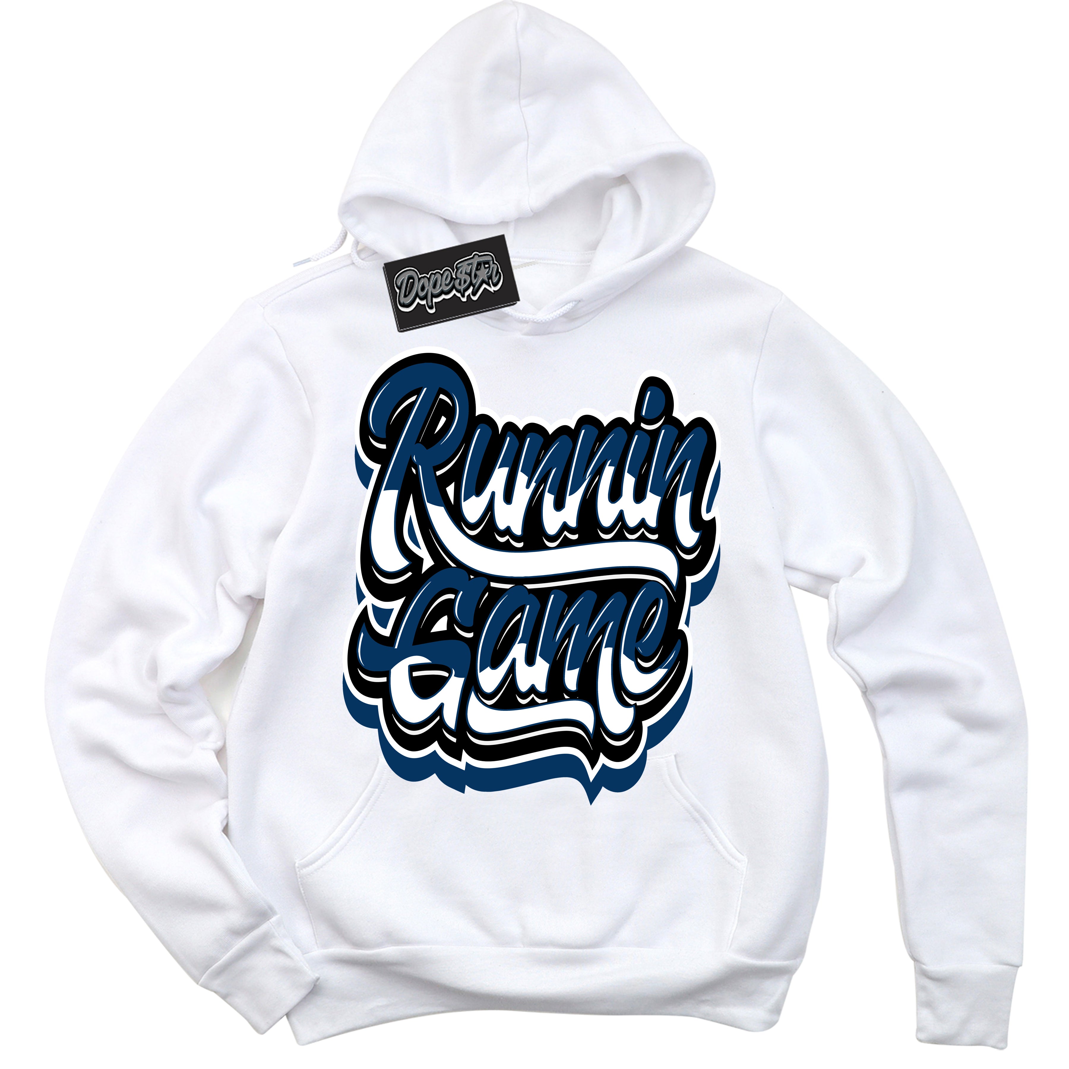 Cool White Hoodie with “Running Game” design that Perfectly Matches Midnight Navy 1s Jordans.