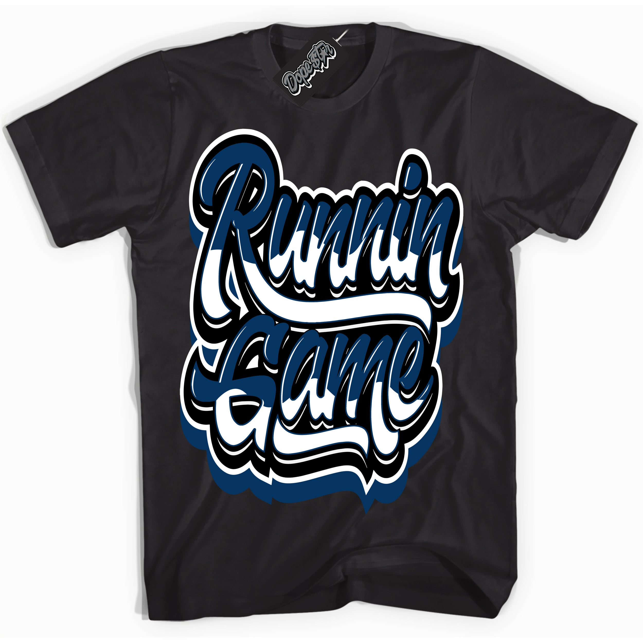 Cool Black Shirt with “Running Game” design that perfectly matches the Midnight Navy 1s Jordans.