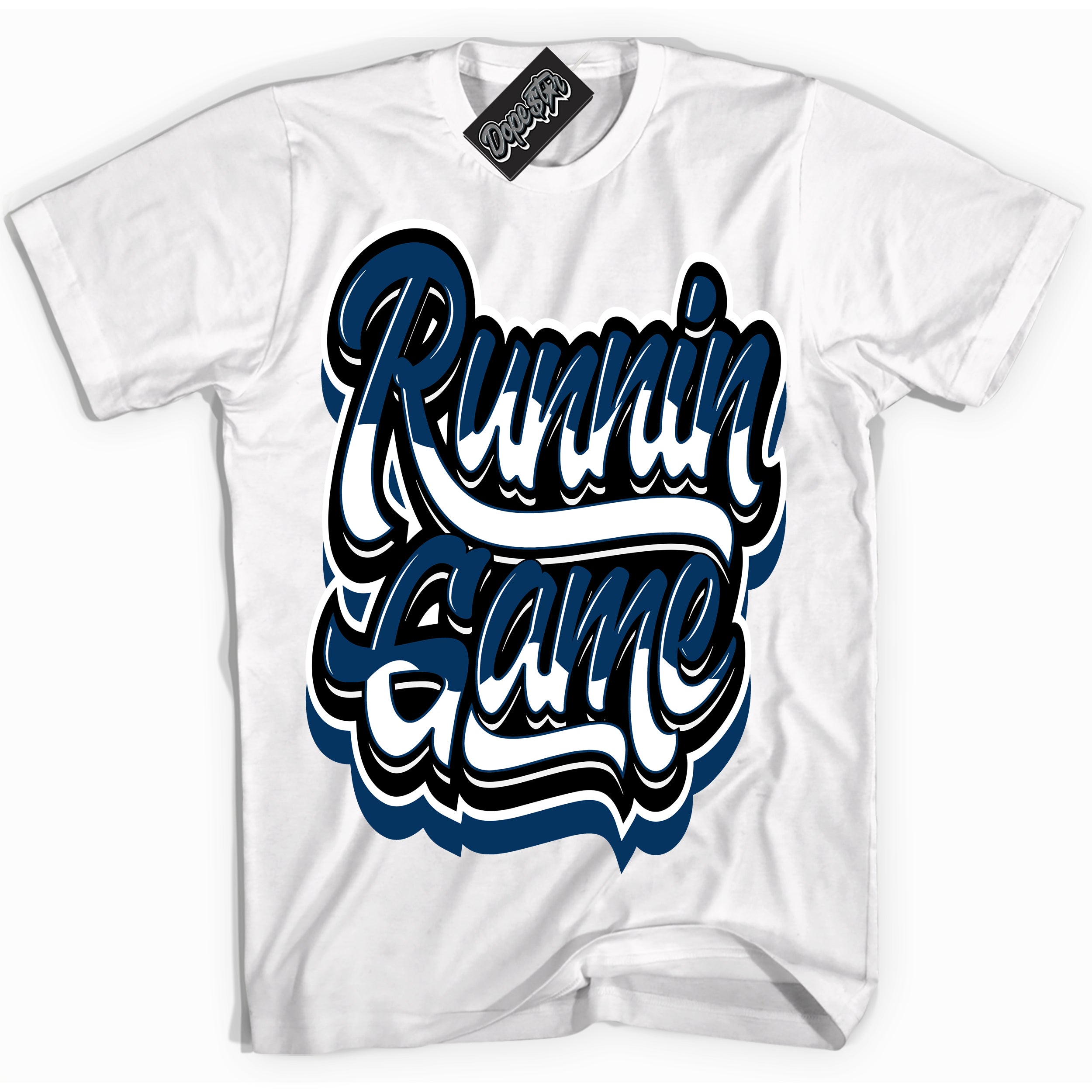 Cool White Shirt with “Running Game” design that perfectly matches the Midnight Navy 1s Jordans.