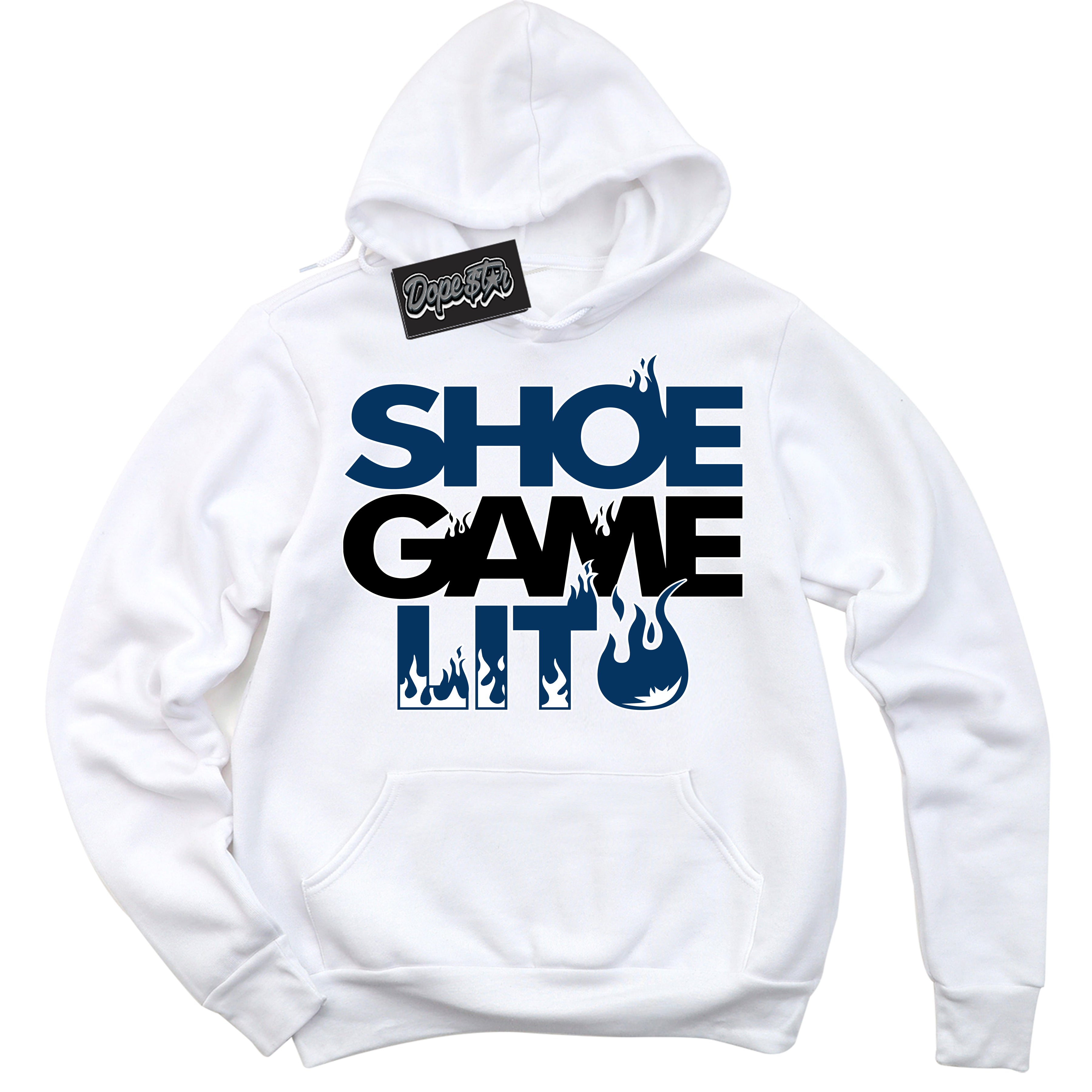 Cool White Hoodie with “Shoe Game Lit” design that Perfectly Matches Midnight Navy 1s Jordans.