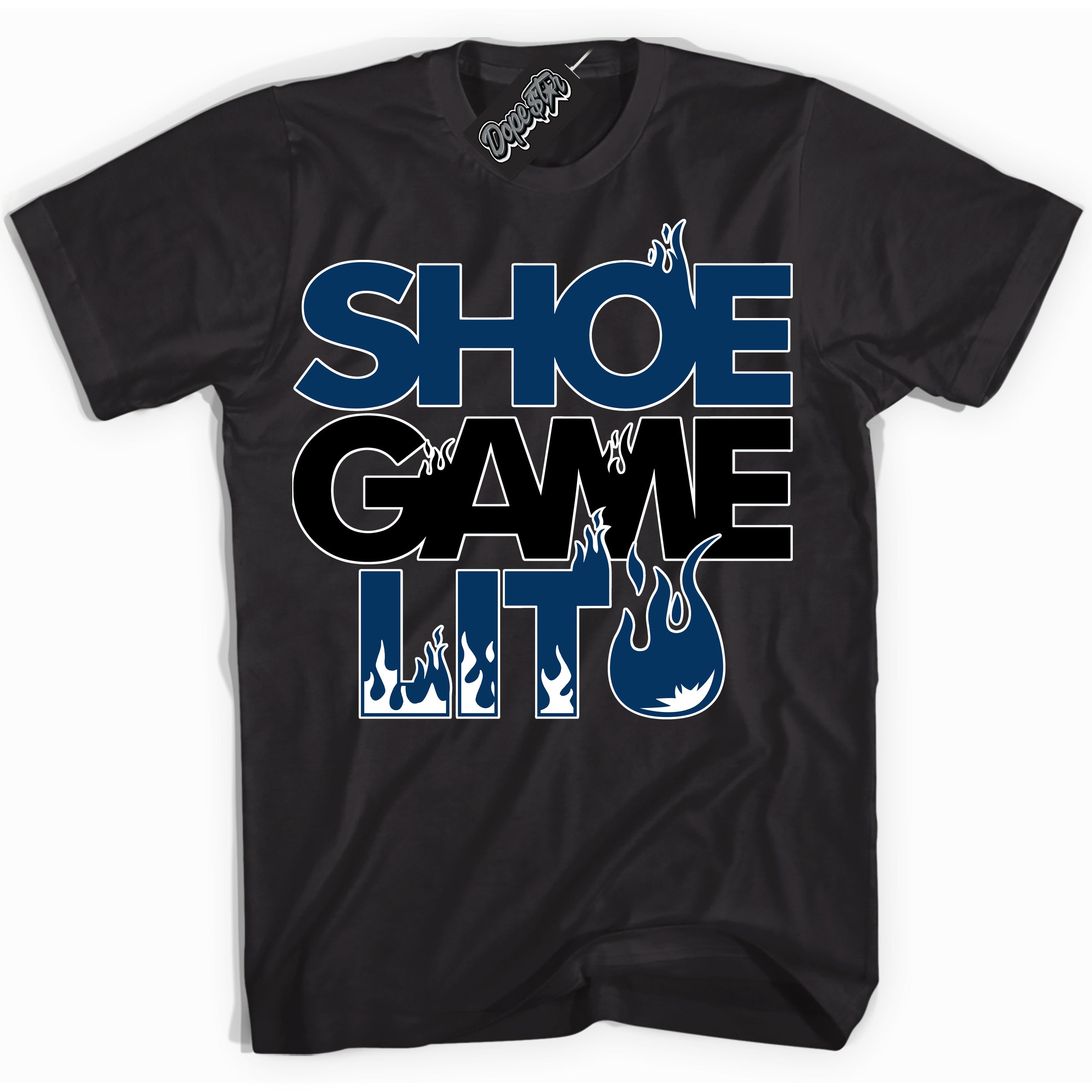 Cool Black Shirt with “Shoe Game Lit” design that perfectly matches the Midnight Navy 1s Jordans.