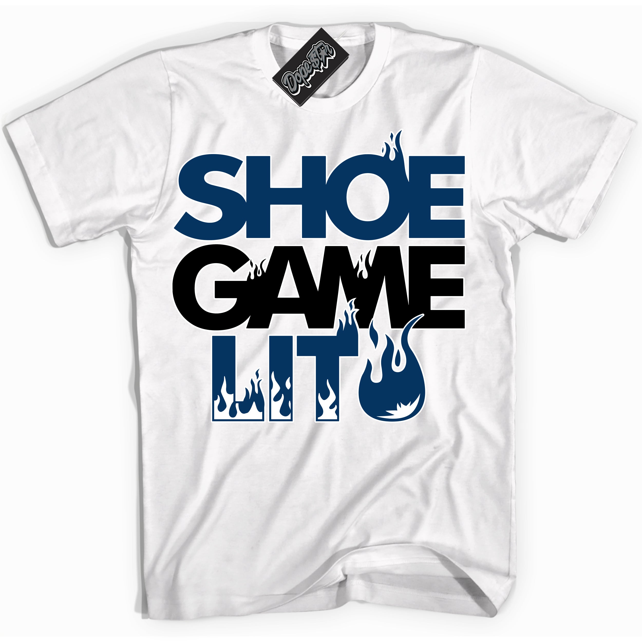 Cool White Shirt with “Shoe Game Lit” design that perfectly matches the Midnight Navy 1s Jordans.