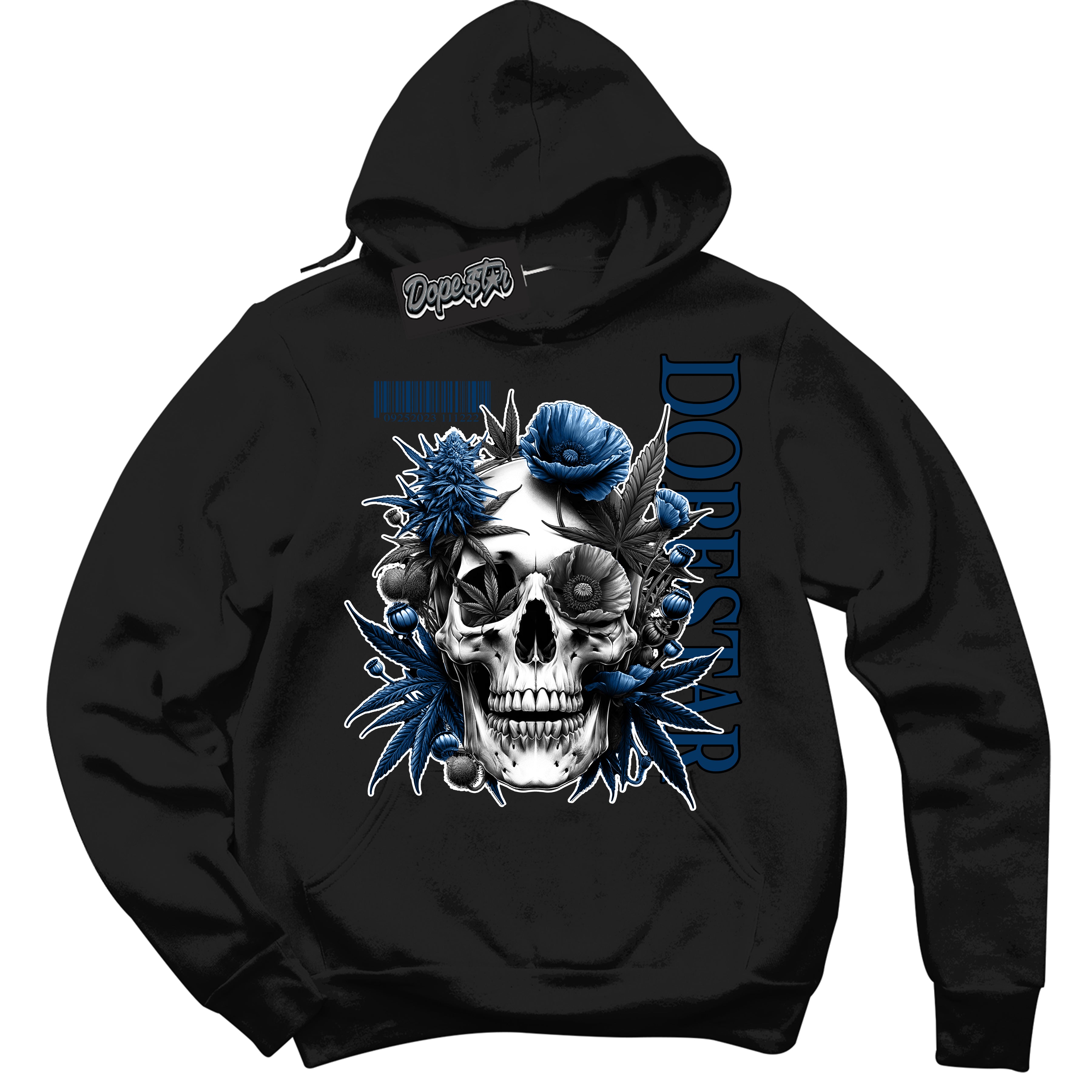 Cool Black Hoodie with “Skull Poppies” design that Perfectly Matches Midnight Navy 1s Jordans.