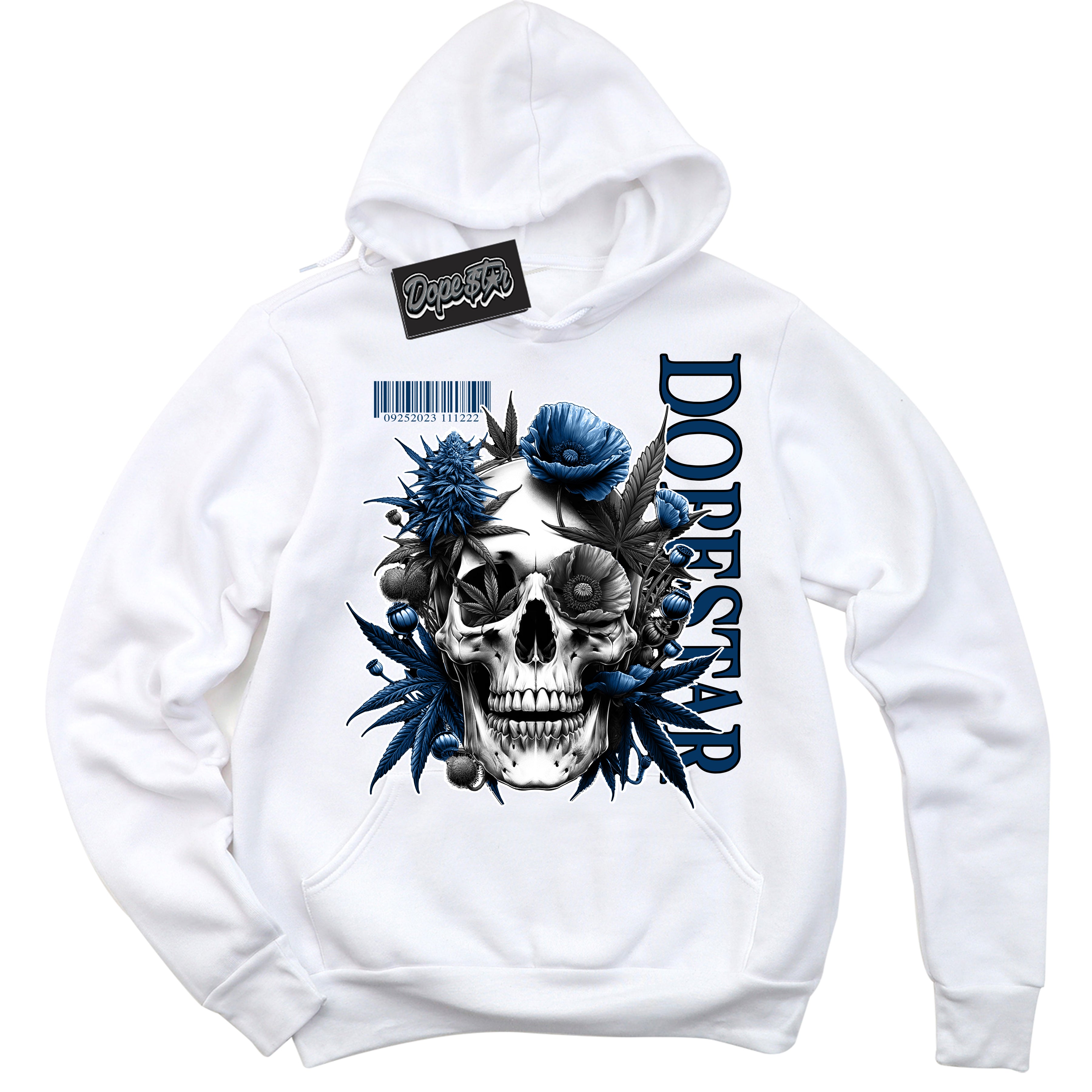 Cool White Hoodie with “Skull Poppies” design that Perfectly Matches Midnight Navy 1s Jordans.