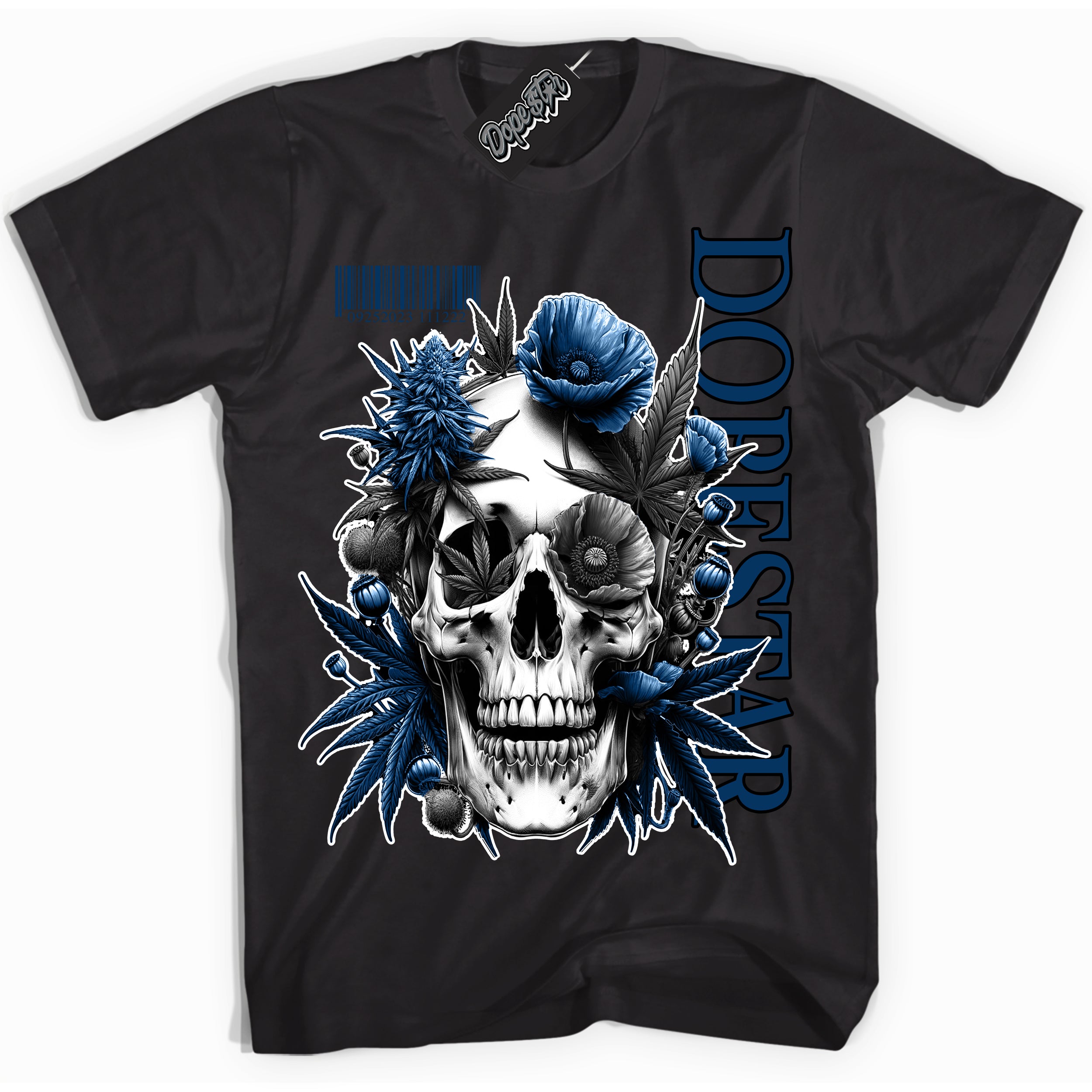 Cool Black Shirt with “Skull Poppies” design that perfectly matches the Midnight Navy 1s Jordans.